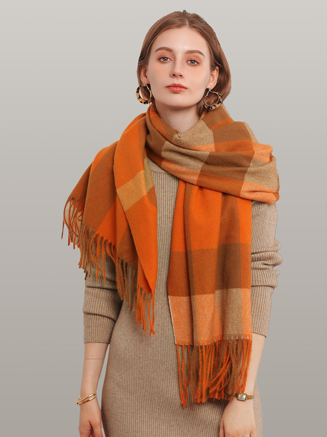 JC Collection Women Orange & Brown Checked Scarf