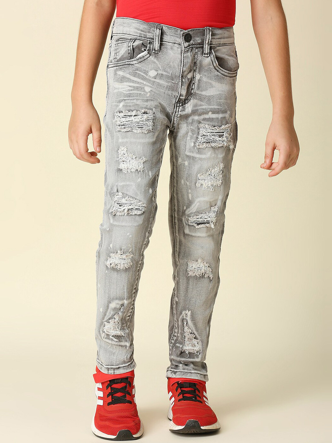 WAIMEA Boys Grey Comfort Slim Fit Highly Distressed Heavy Fade Bleached Stretchable Jeans