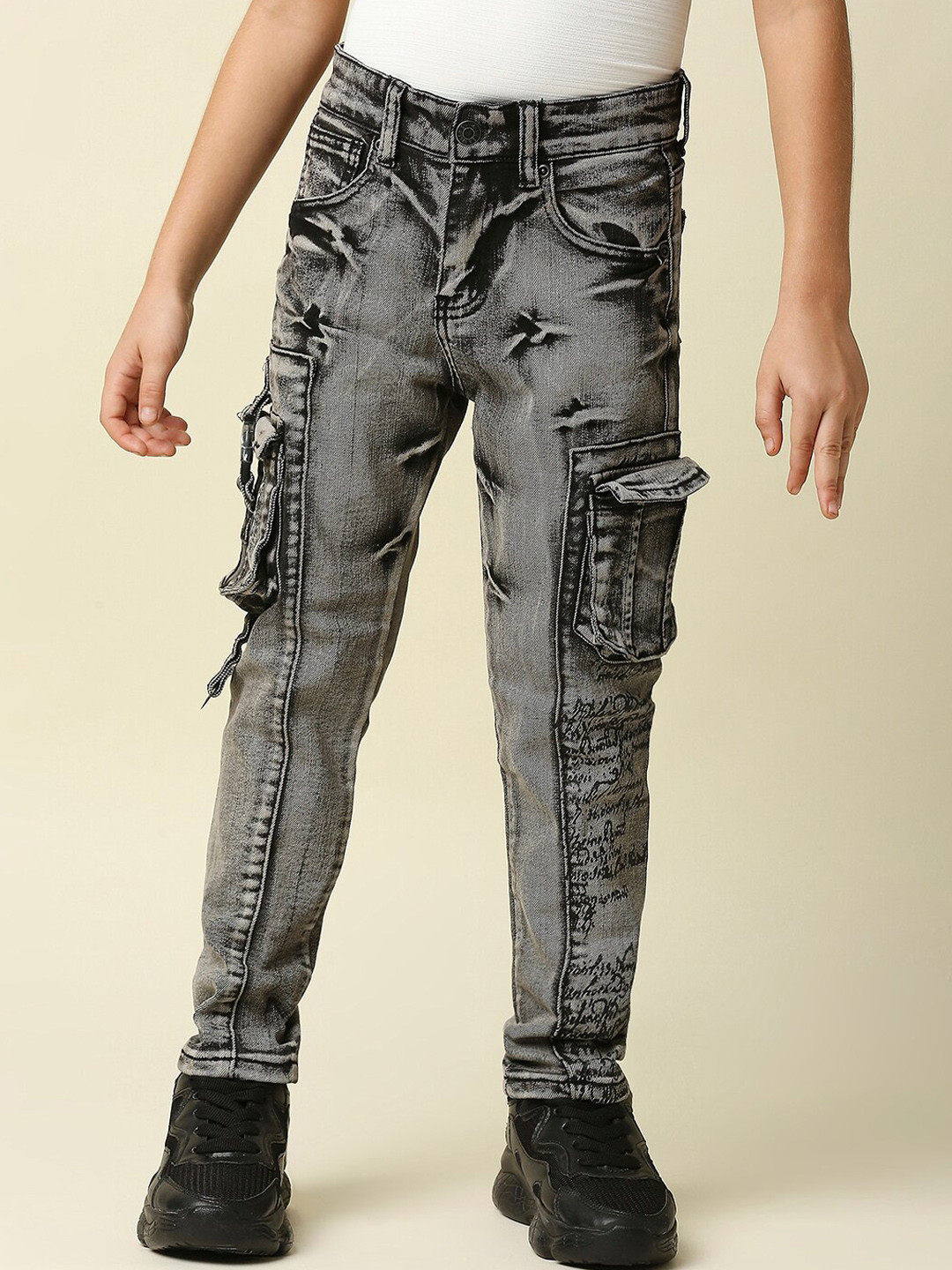 WAIMEA Boys Black Comfort Slim Fit Low Distress Heavy Fade Acid Wash Stretchable Jeans
