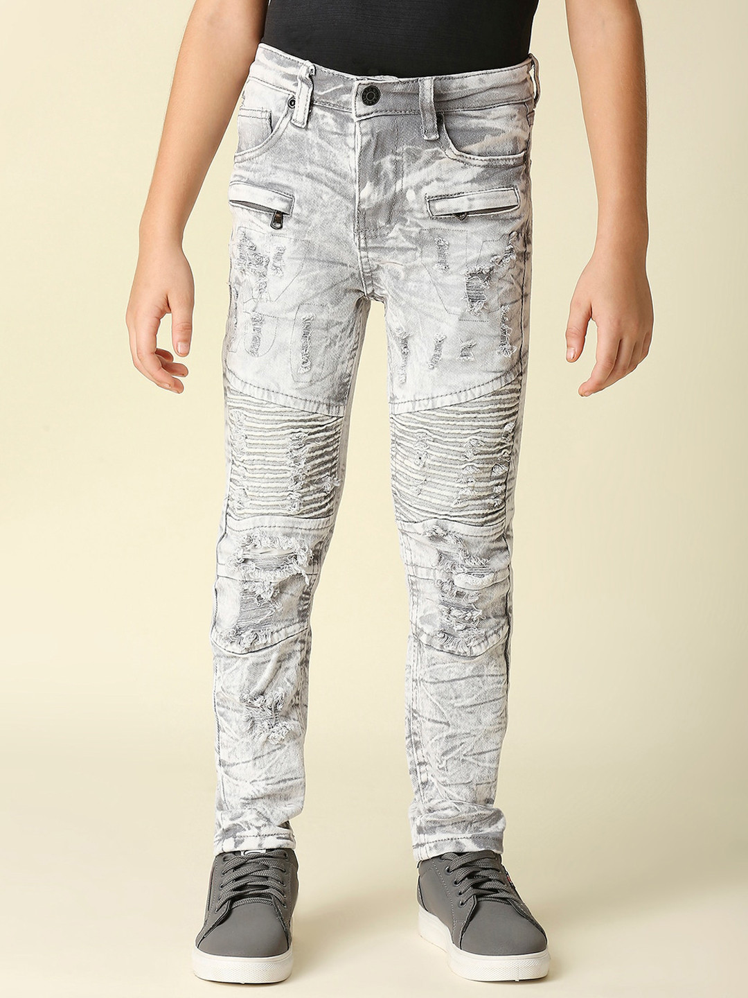 WAIMEA Boys Grey Comfort Slim Fit Highly Distressed Heavy Fade Acid Wash Stretchable Jeans