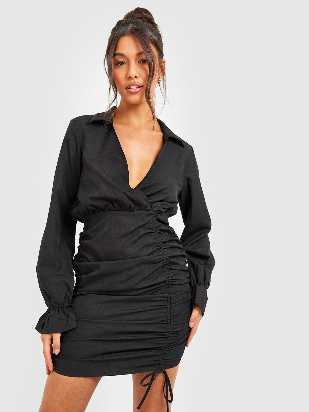 Boohoo Black V-Neck Ruched A-Line Dress