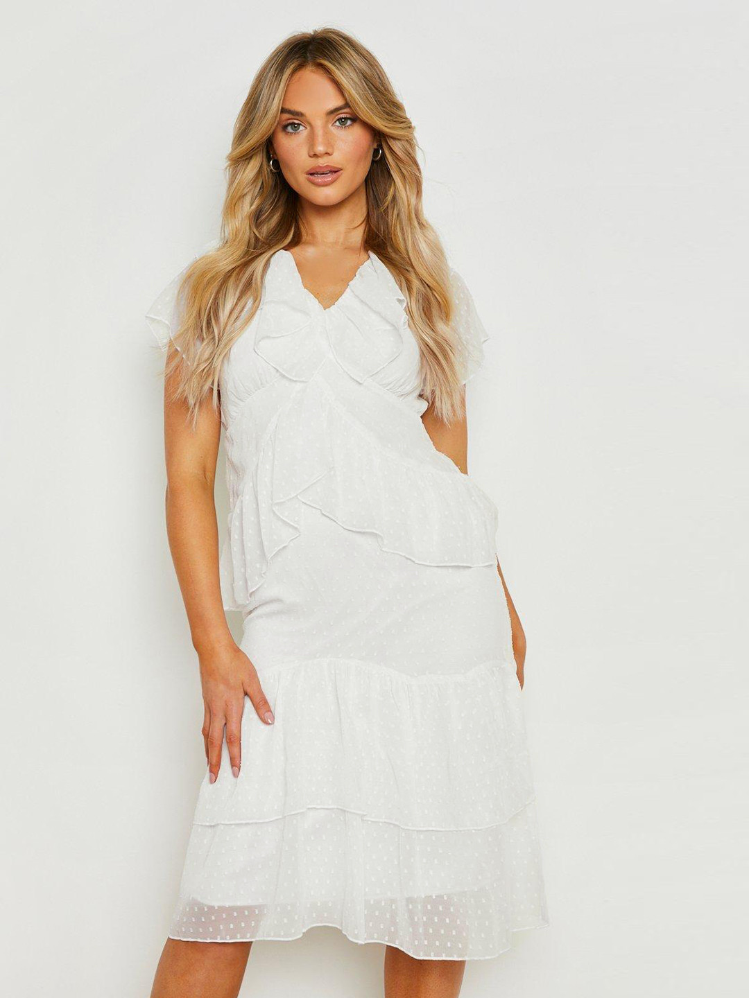Boohoo White V-Neck Tiered A-Line Dress
