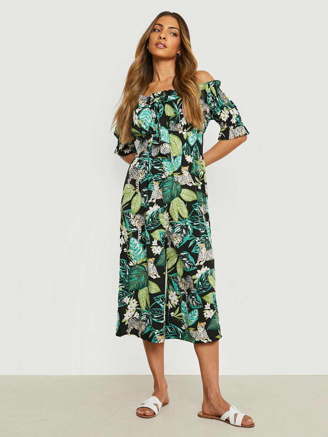 Boohoo Green & White Off-Shoulder Printed Culotte Jumpsuit