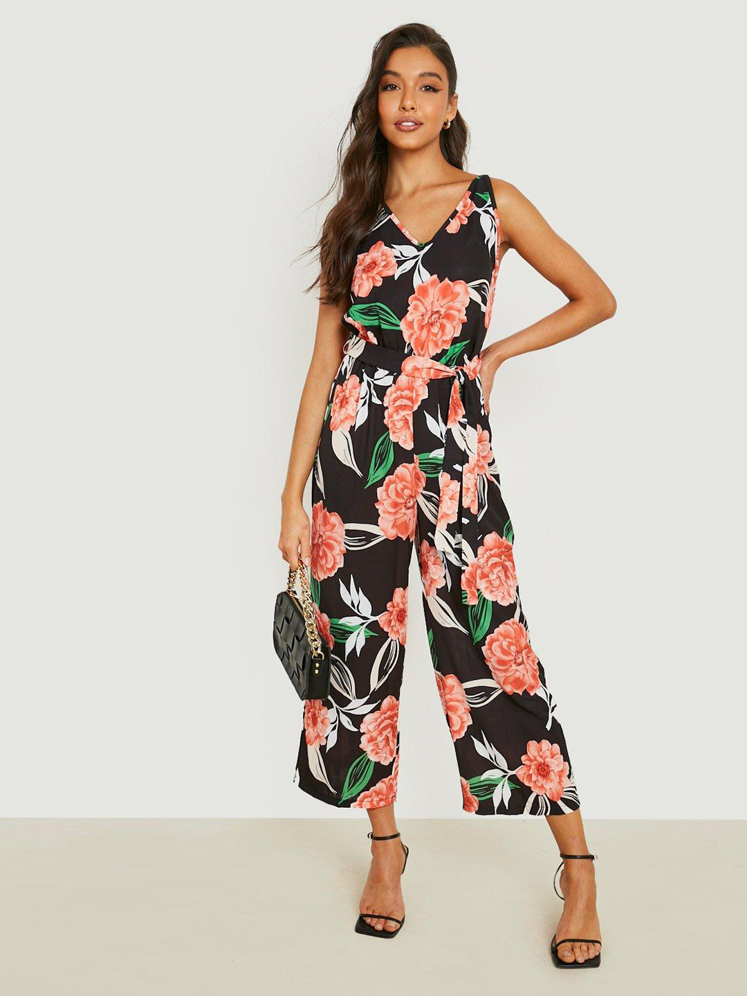 Boohoo Black & Pink Printed Basic Jumpsuit