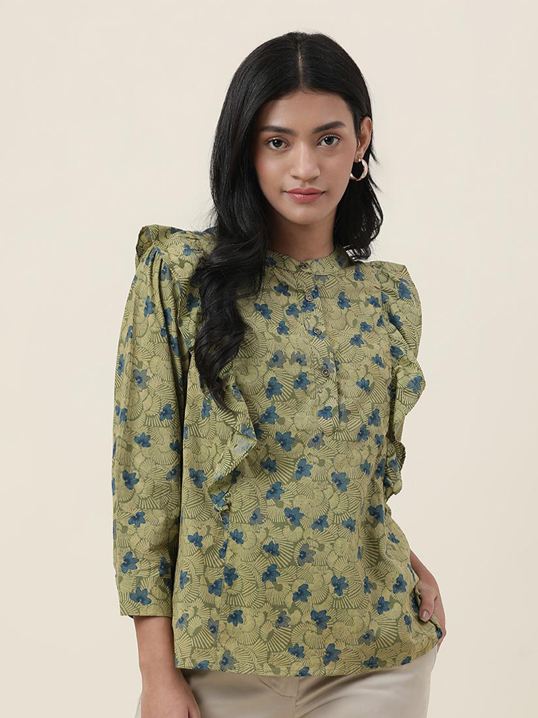 Fabindia Green Floral Print Pure Cotton Top