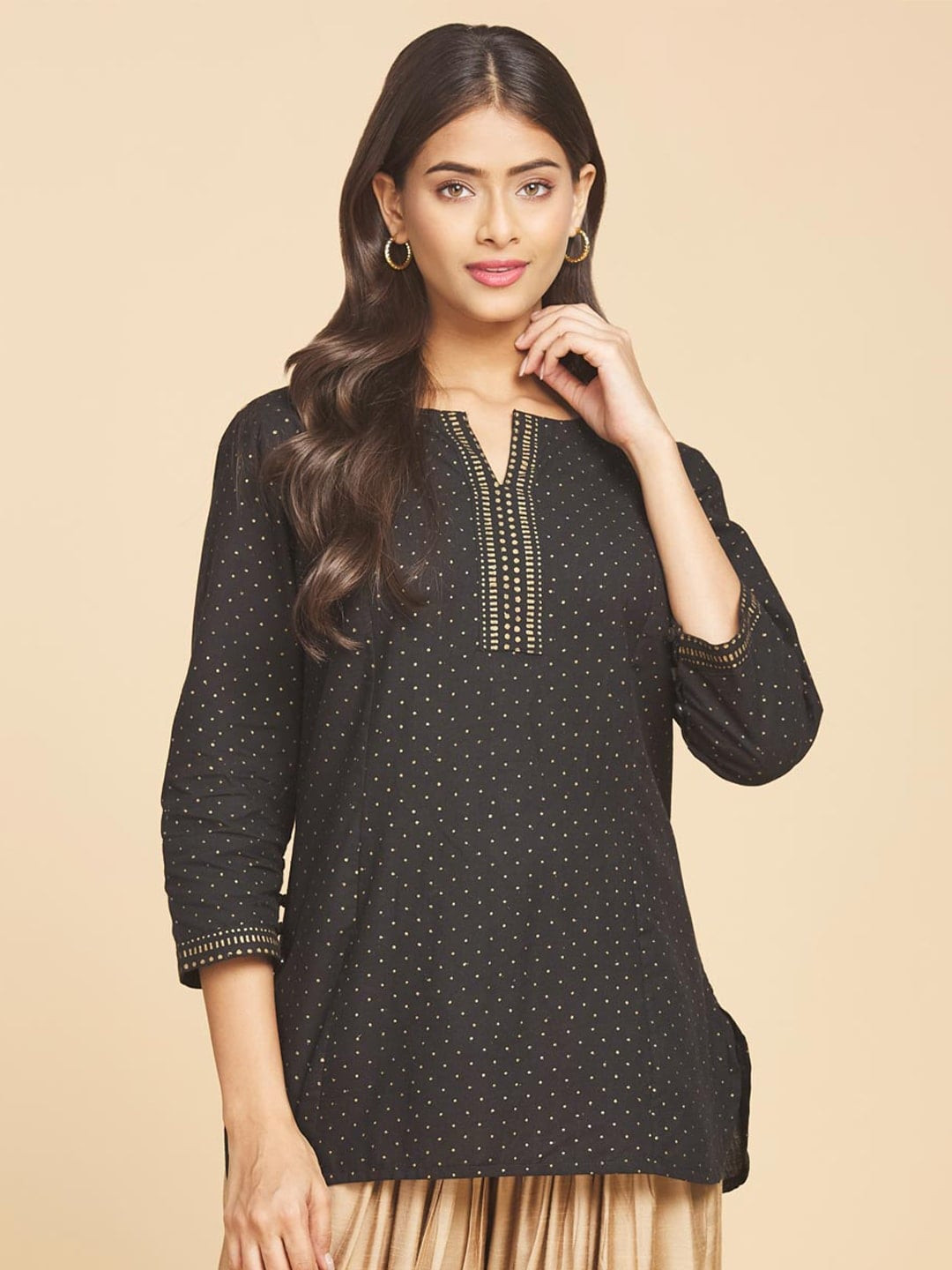 Fabindia Black & Gold-Toned Printed Pure Cotton Kurti