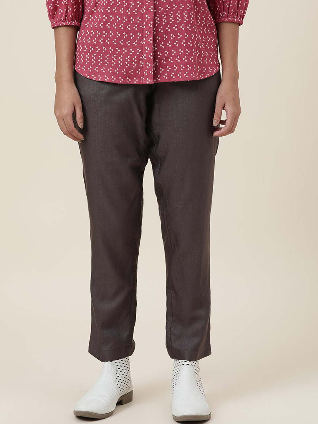Fabindia Women Grey Solid Trousers