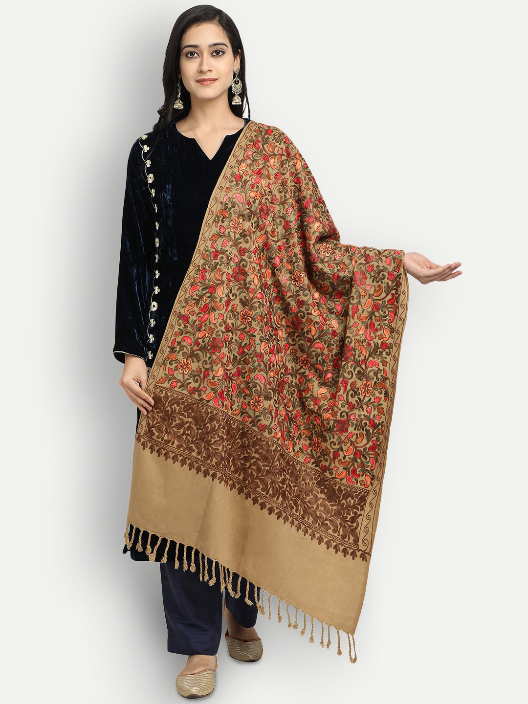 Zamour Women Brown & Pink Embroidered Kashmiri tole
