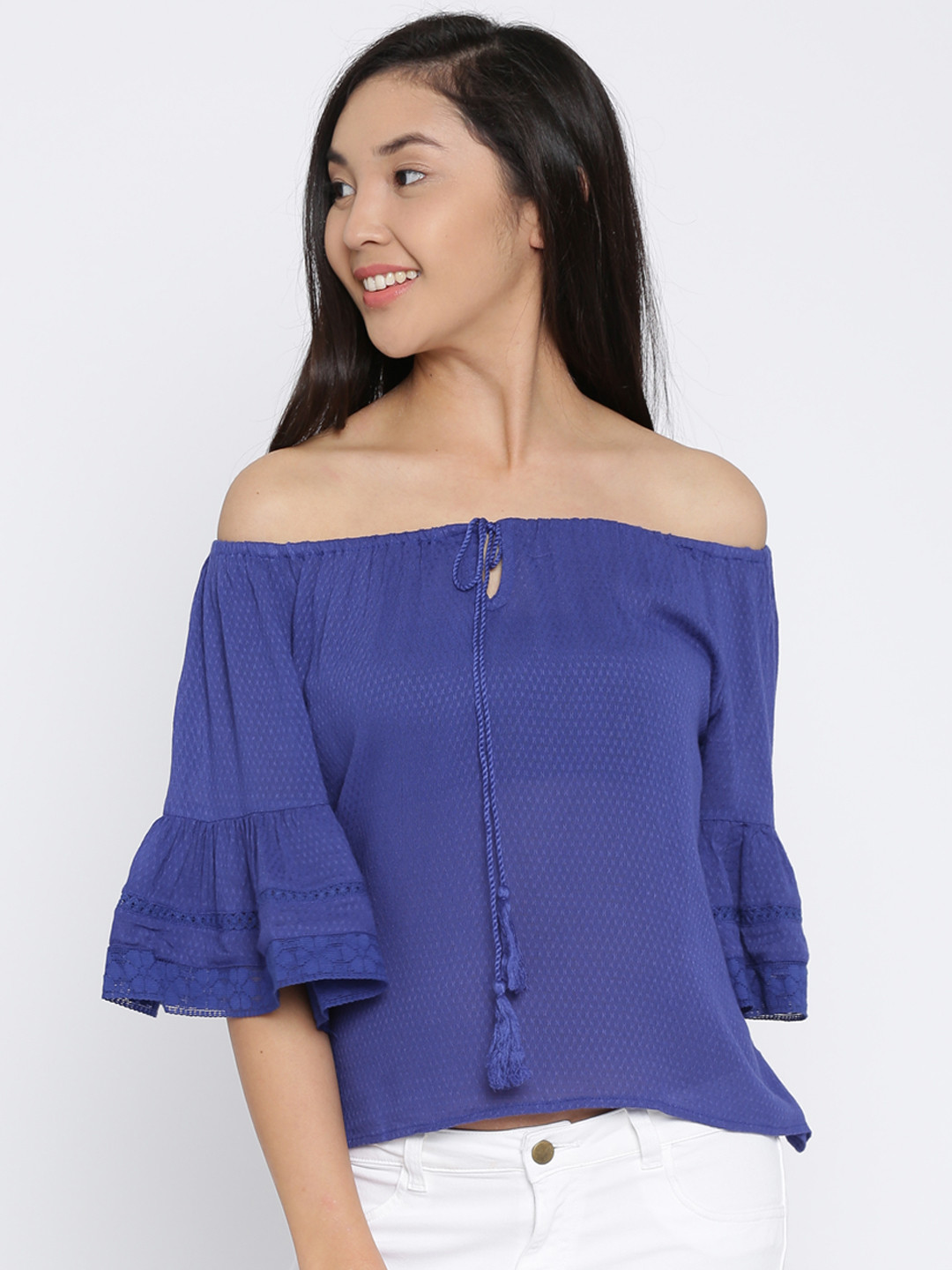 Ginger by Lifestyle Women Blue Self-Design Bell Sleeve Bardot Top