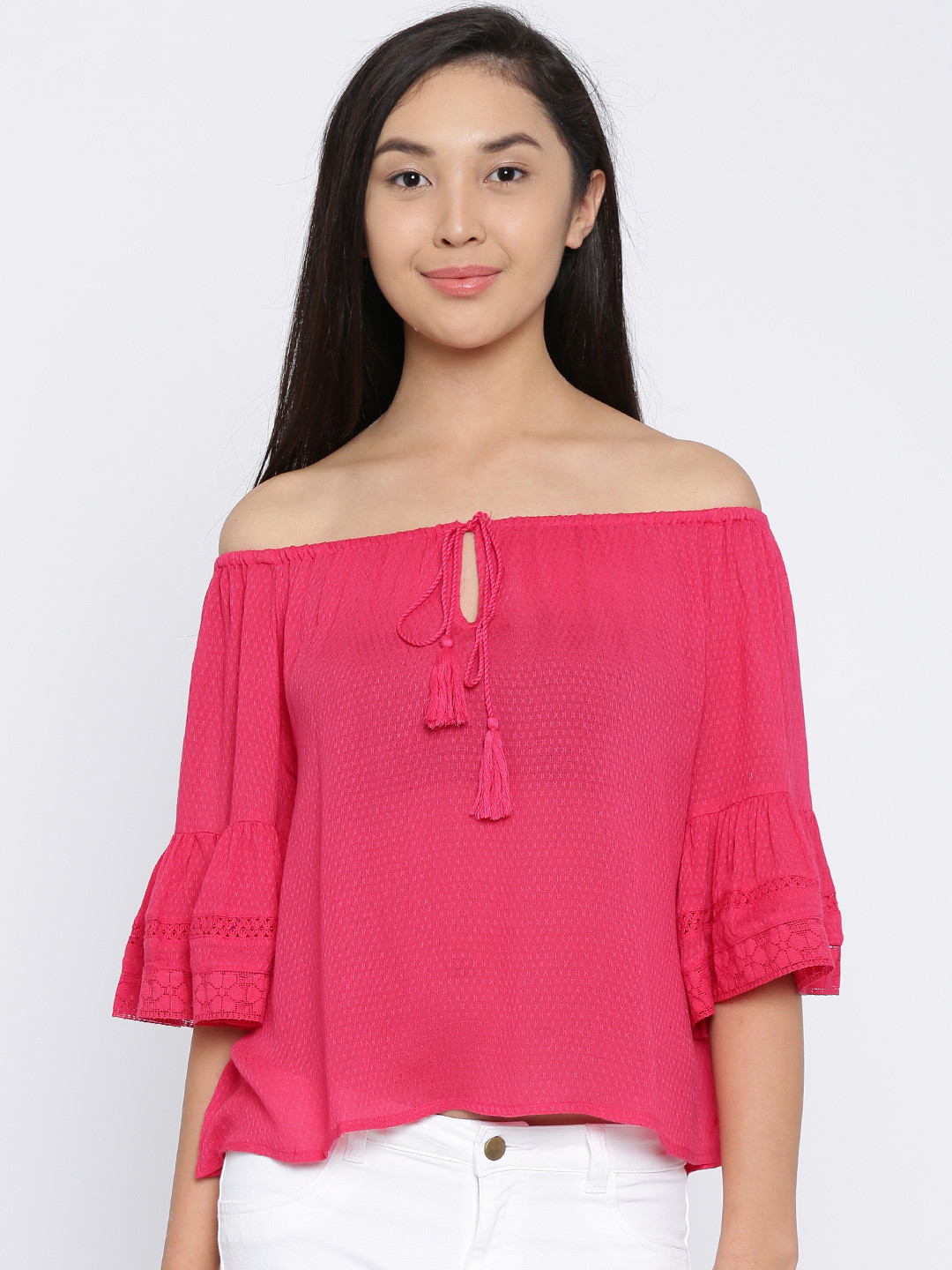 Ginger by Lifestyle Women Pink Self-Design Bardot Top