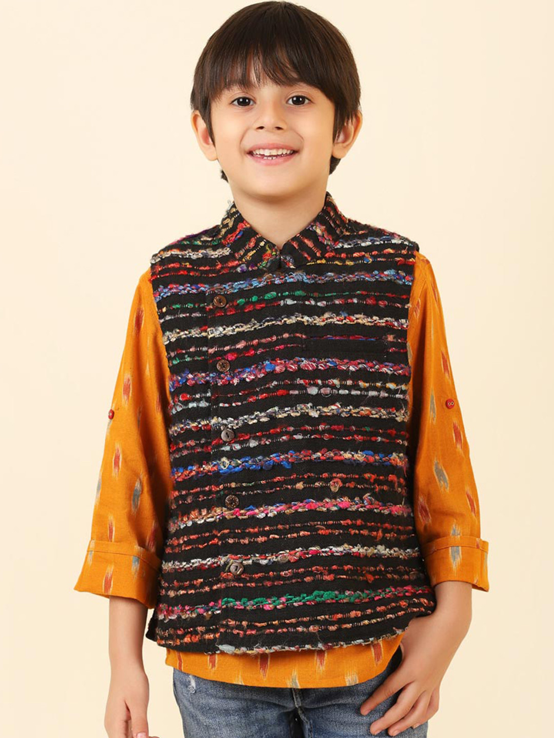 Fabindia Boys Black Embroidered Pure Cotton Nehru Jackets