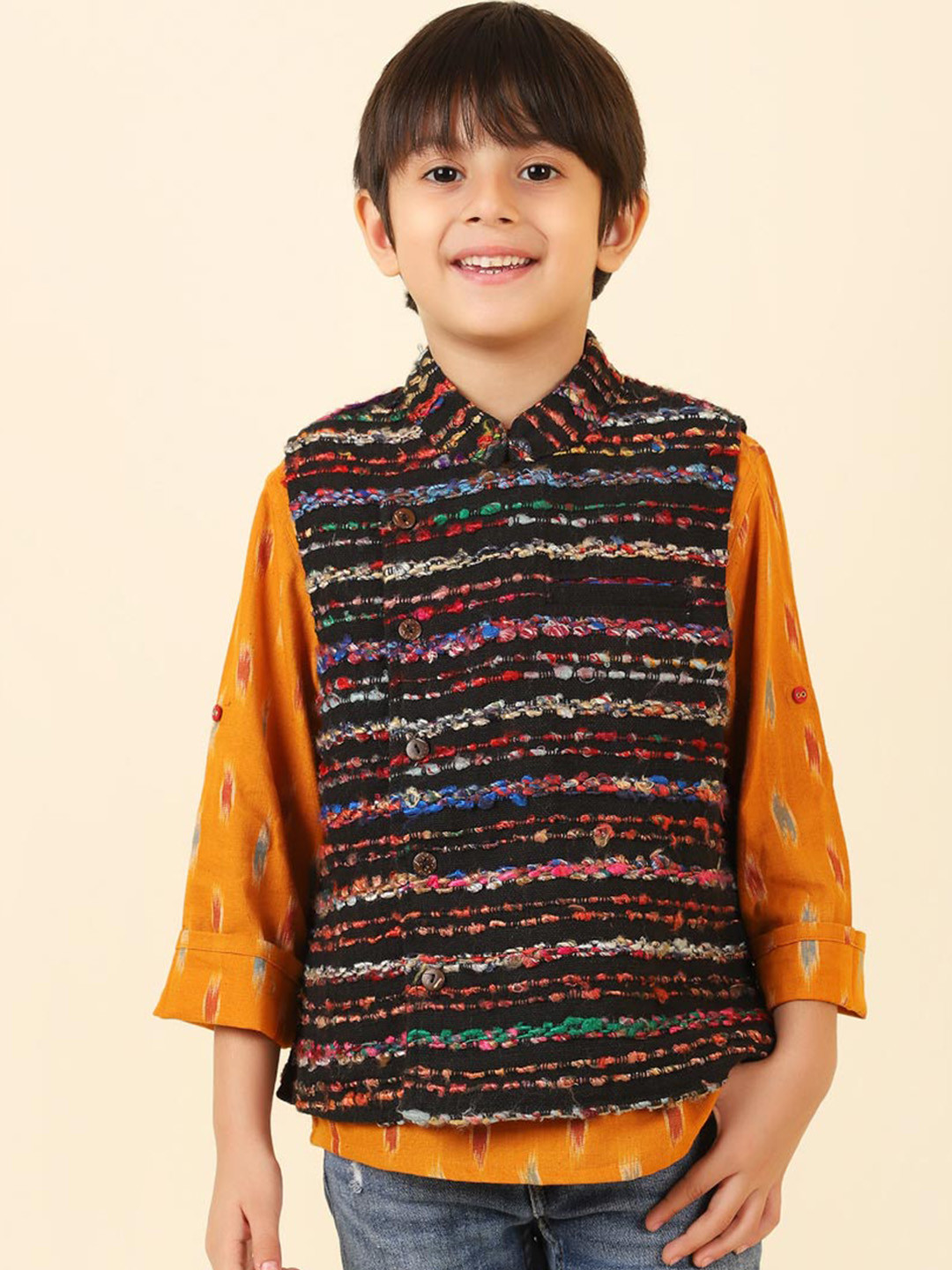 Fabindia Boys Black & Blue Embroidered Cotton Woven Nehru Jackets