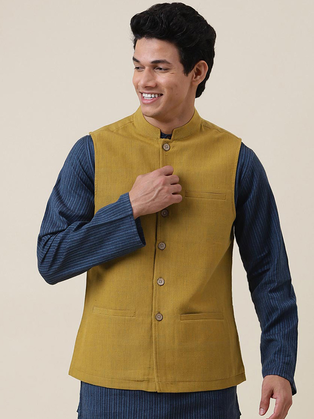 Fabindia Mens Mustard-Yellow Pure Cotton Nehru Jacket