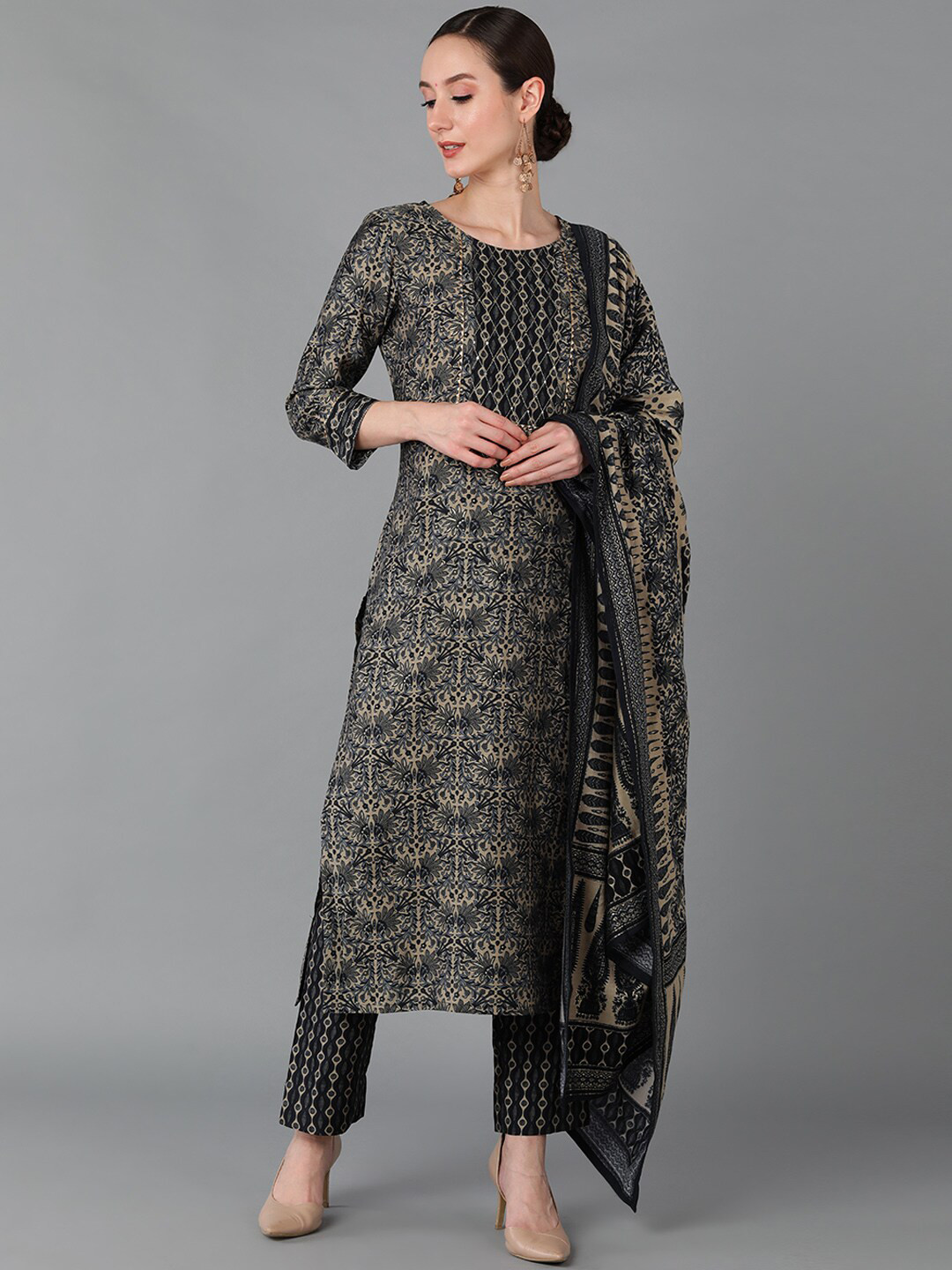 AHIKA Women Black Ethnic Printed Beads and Stones Kurta with Trousers & Dupatta