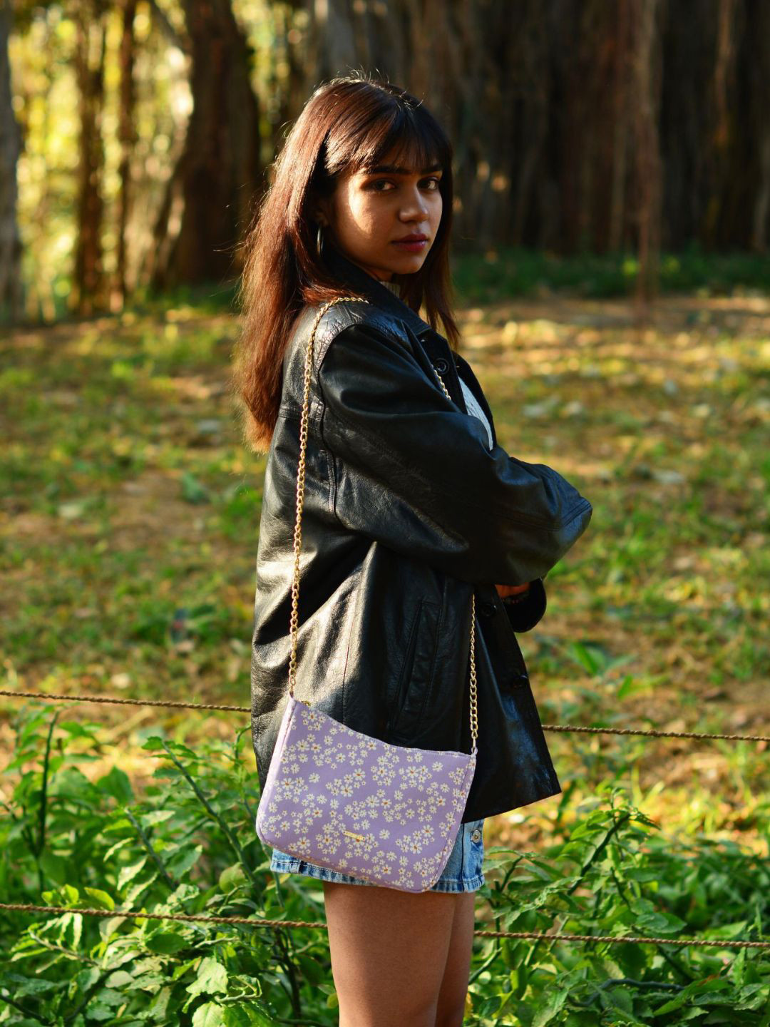 EcoRight Purple Floral Printed Structured Sling Bag