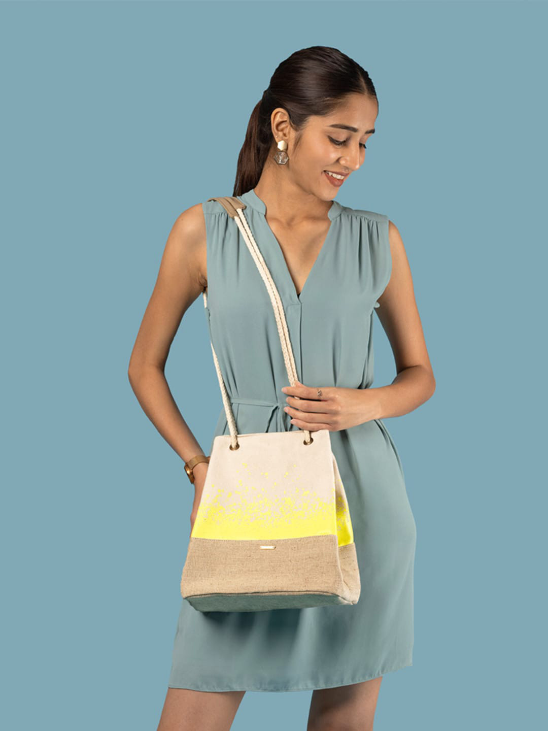 EcoRight Beige Printed Organic Cotton Shopper Sling Bag