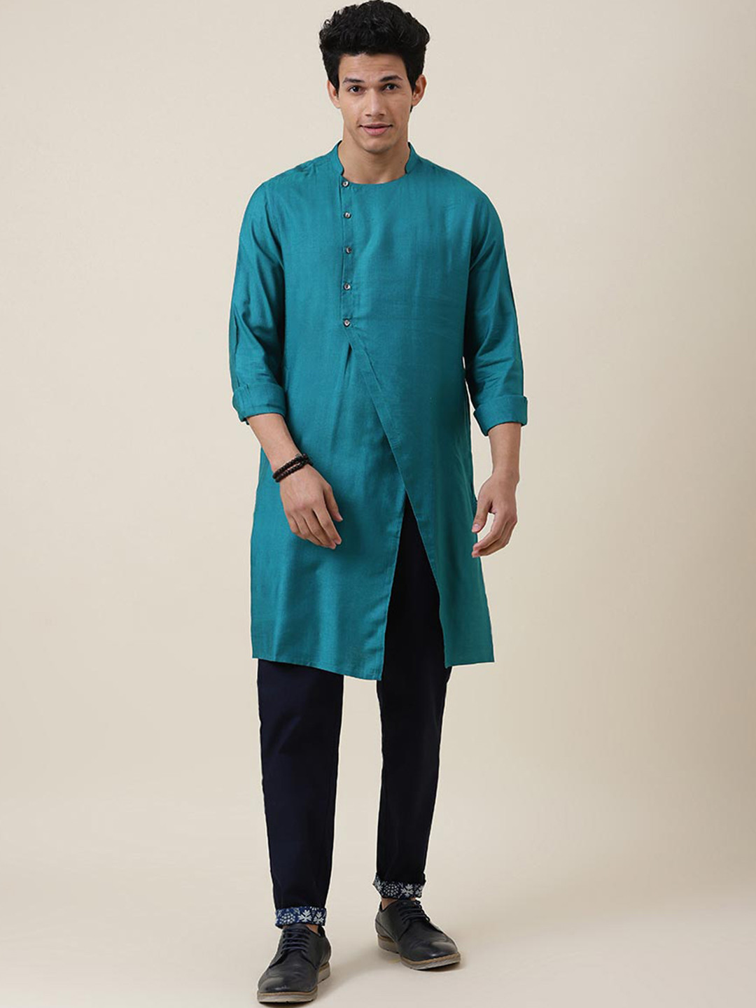 Fabindia Men Teal Blue Solid Multiple Slits Kurta