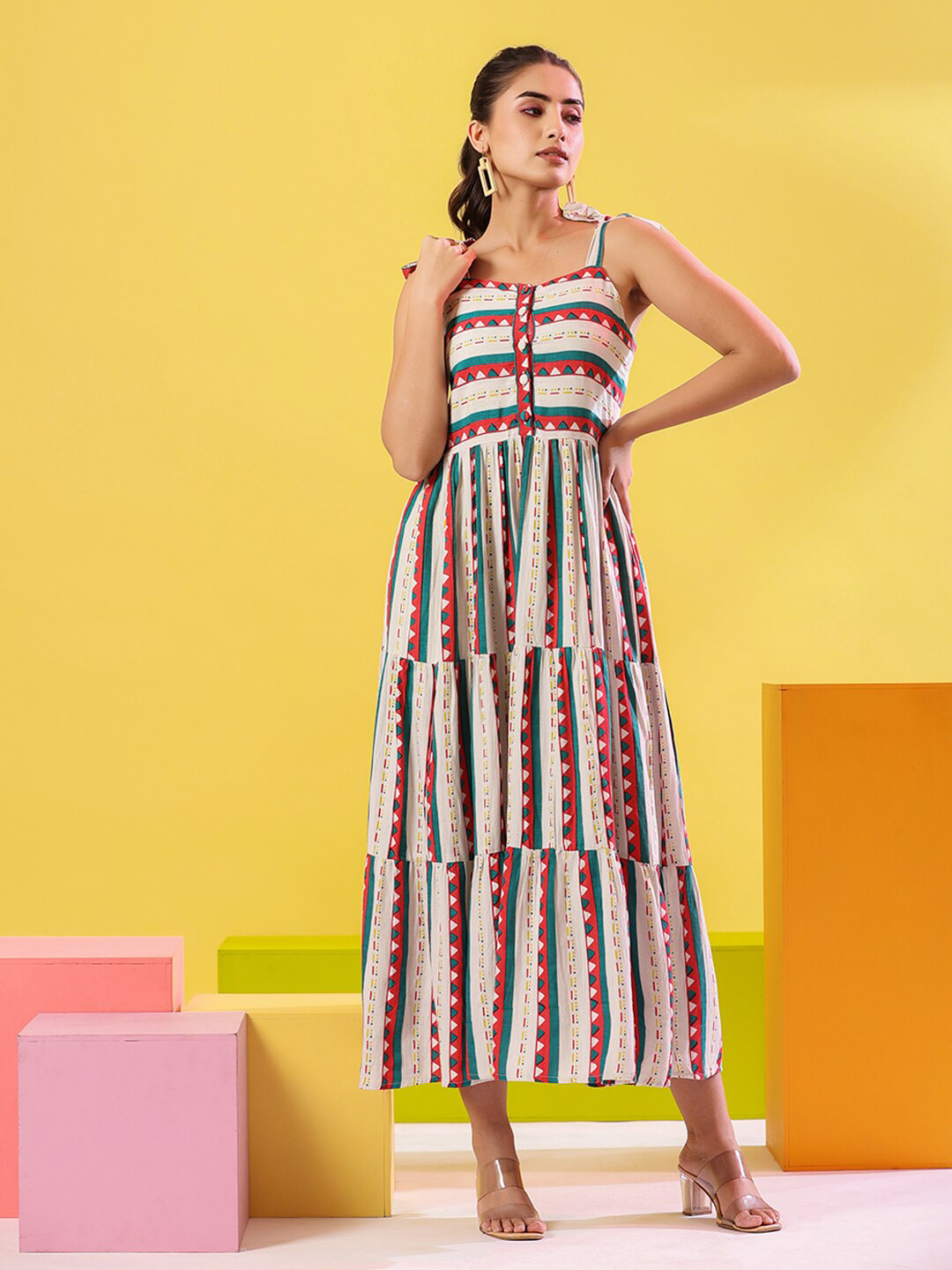 Fuchsia  Geometric Printed Sleeveless Midi Dress