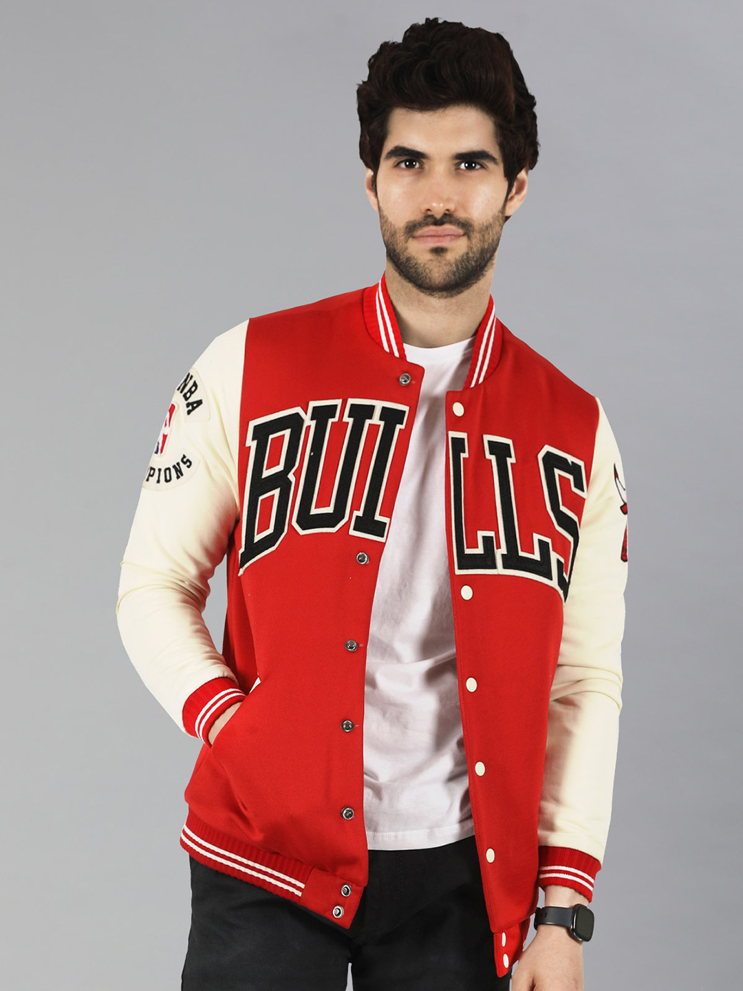 NBA Men Red Chicago Bulls Typography Letterman Jacket