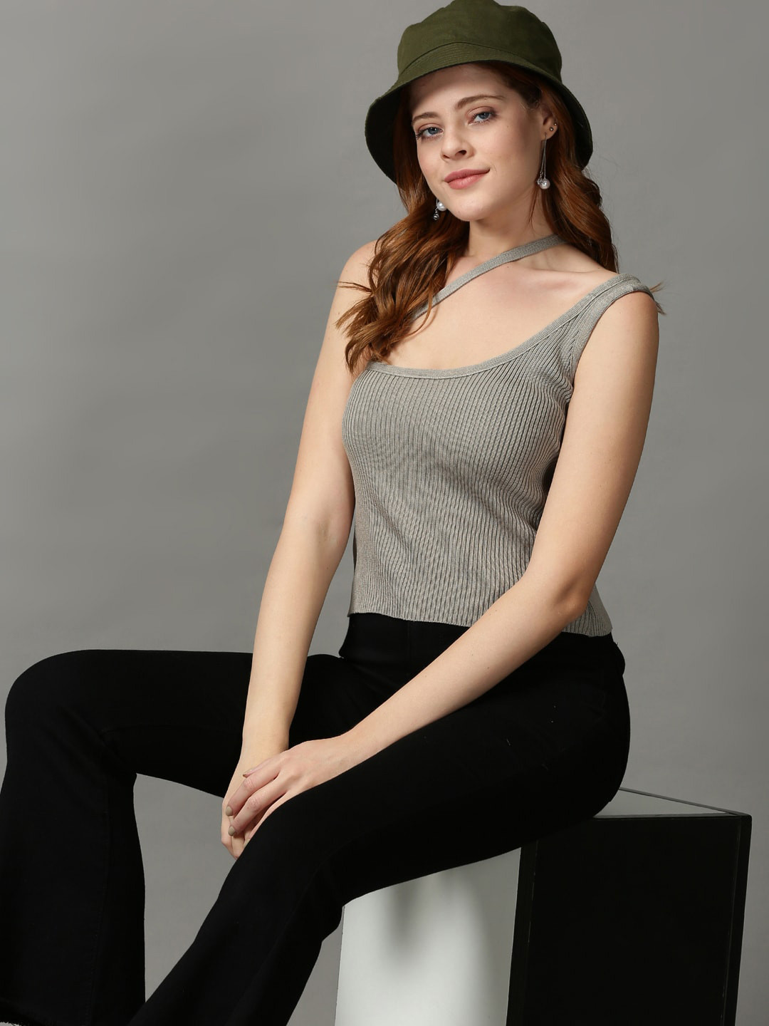 SHOWOFF Grey Shoulder Straps Fitted Acrylic Top