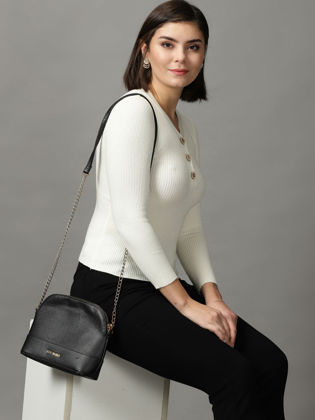 SHOWOFF White V-Neck Regular Sleeves Fitted Regular Top