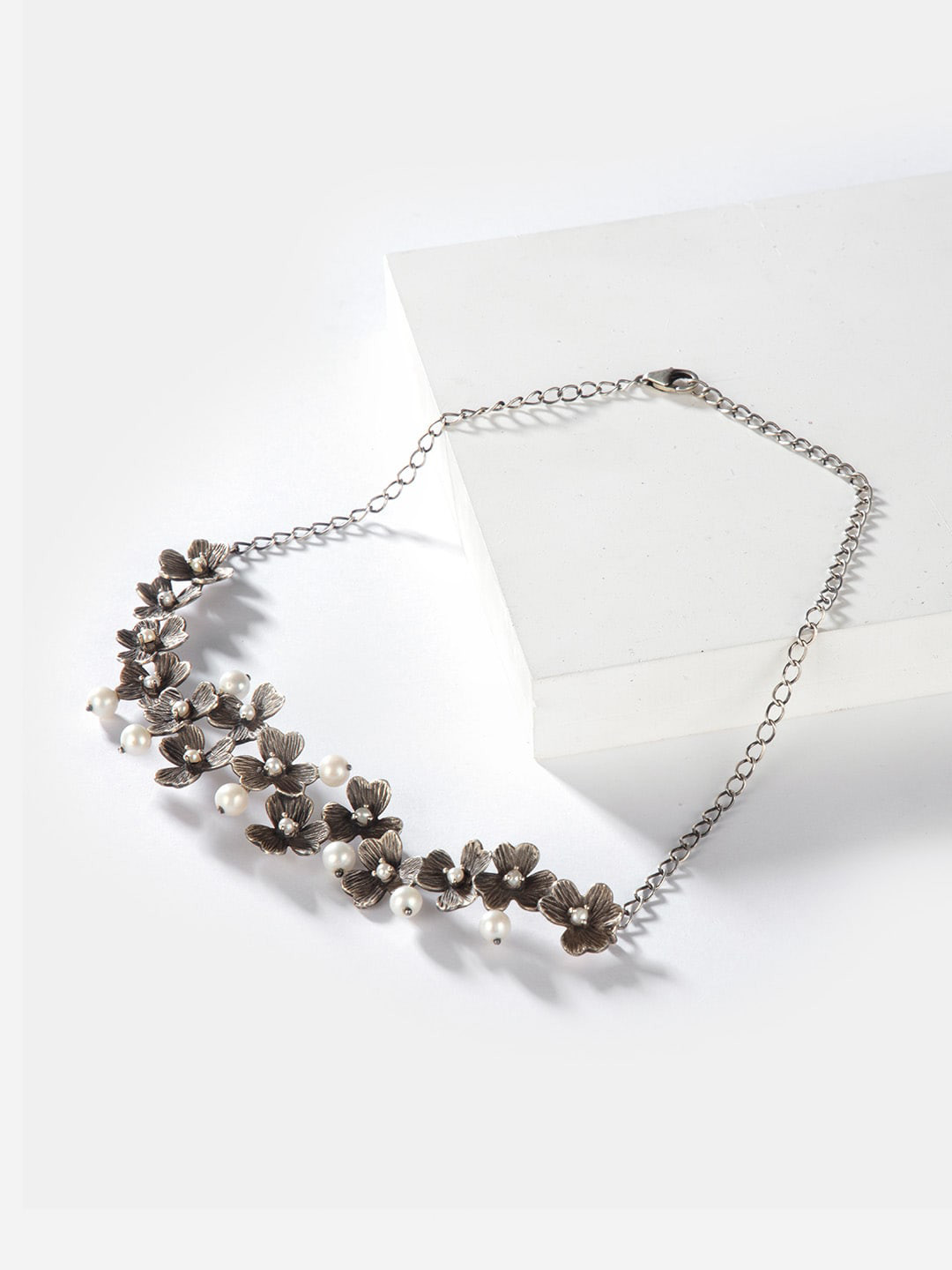 SHAYA White & Silver-Toned Sterling Silver Oxidised Necklace