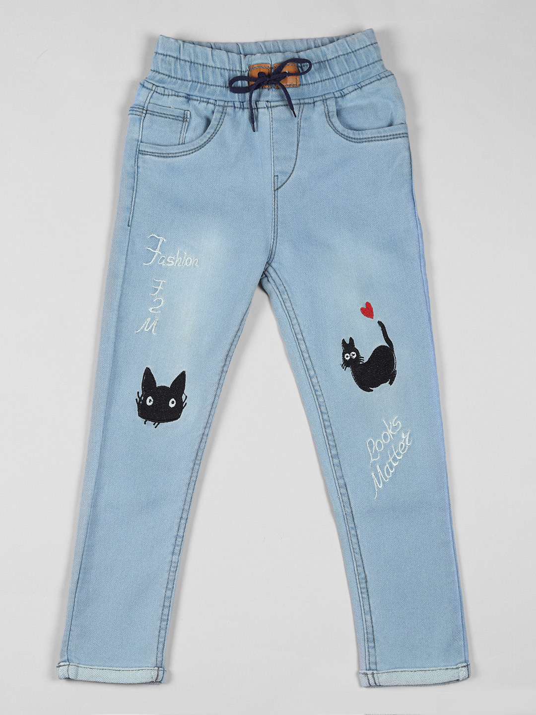 F2M Girls Blue Slim Fit Light Fade Embroidered Jeans