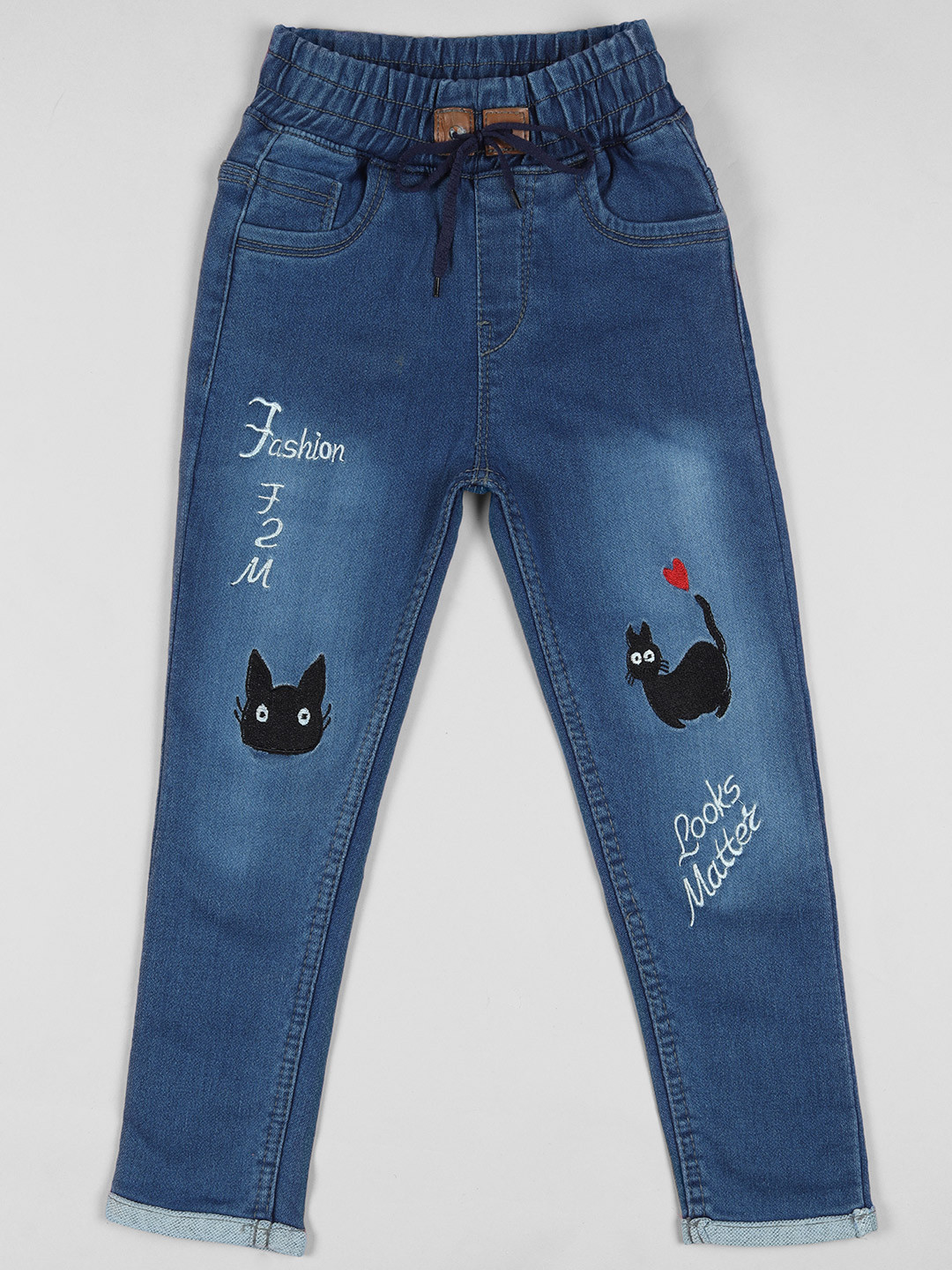 F2M Girls Blue Slim Fit High-Rise Mildly Distressed Heavy Fade Embroidered Jeans