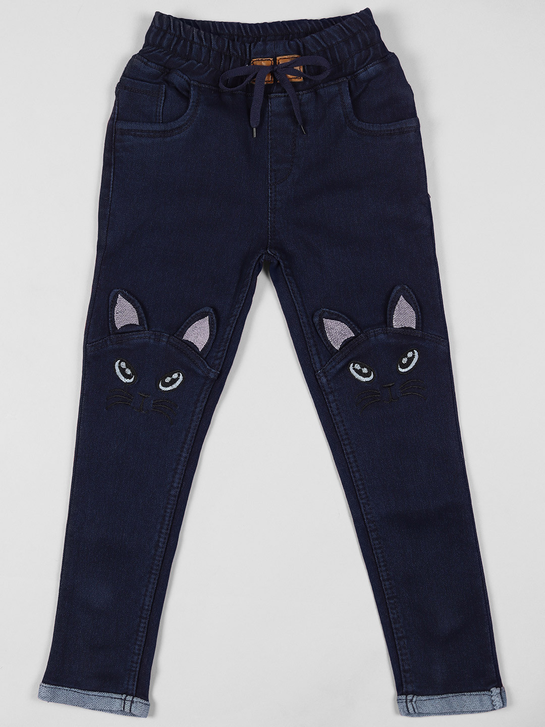 F2M Girls Navy Blue Slim Fit Low-Rise Mildly Distressed Embroidered Jeans