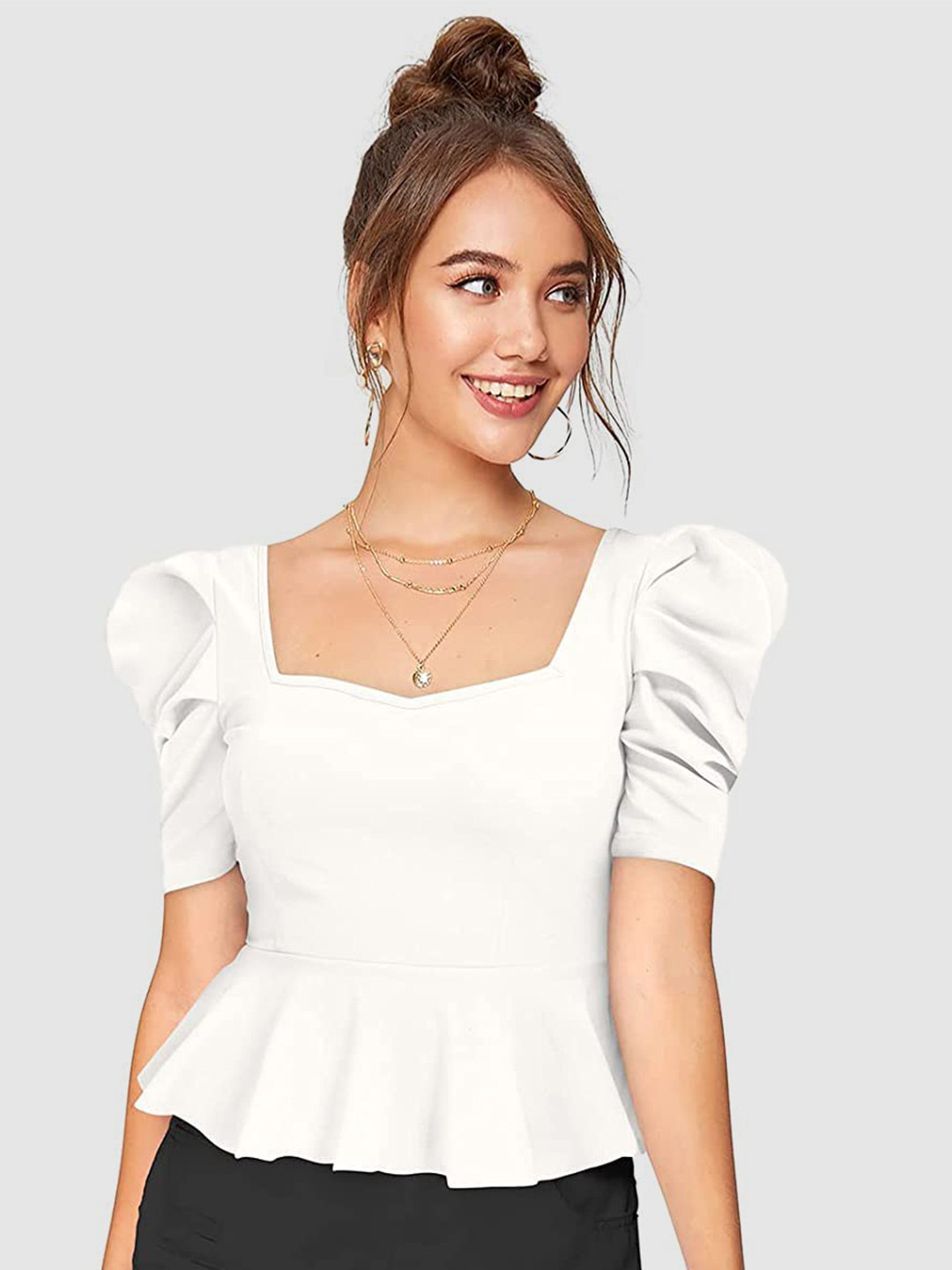 Womenster White Puff Sleeve Sweetheart Neck Peplum Top