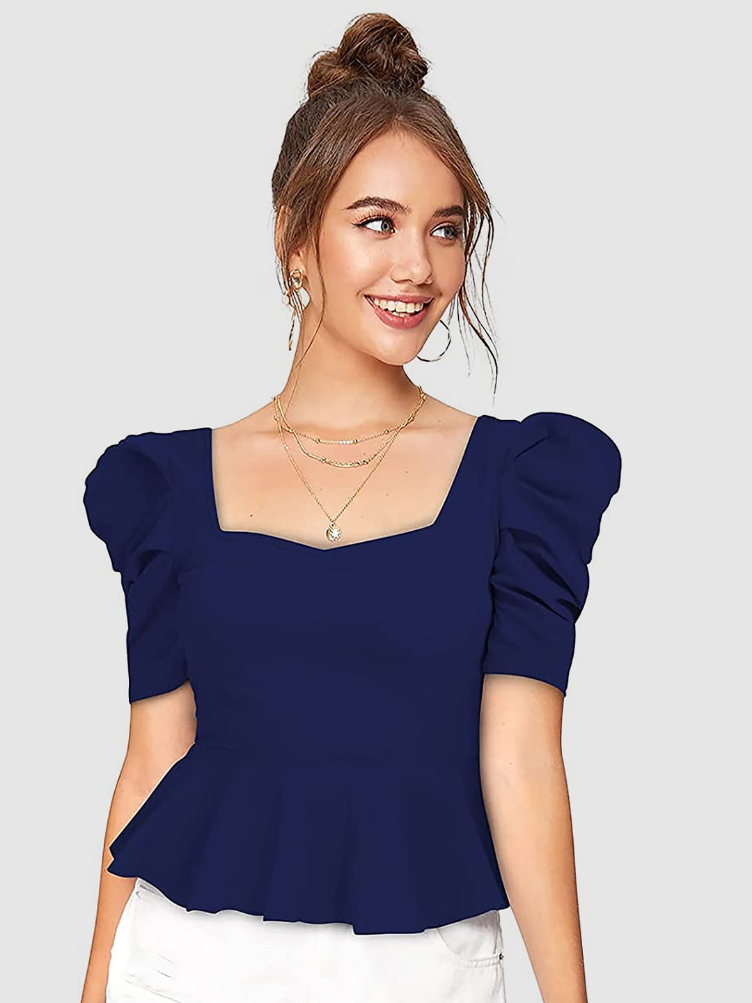 Womenster Navy Blue Puff Sleeve Sweetheart Neck Peplum Top
