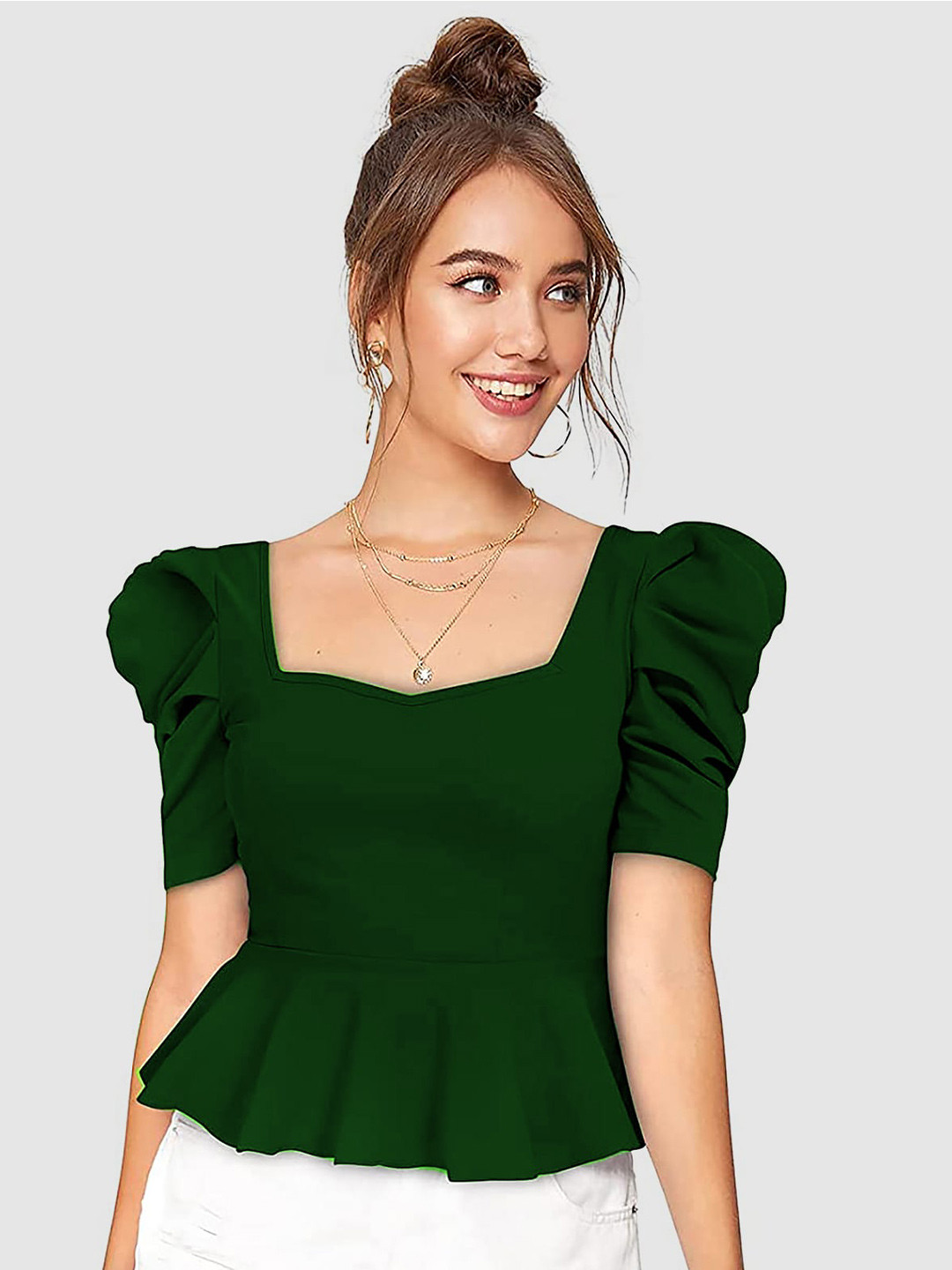 Womenster Green Puff Sleeve Sweetheart Neck Peplum Top