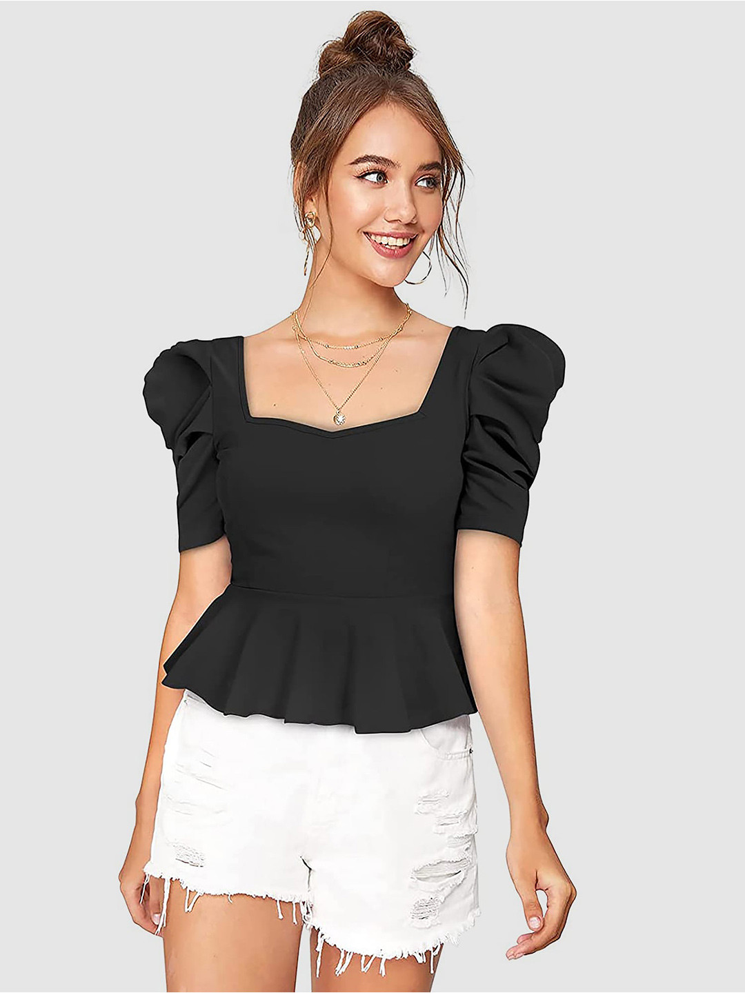 Womenster Black Puff Sleeve Sweetheart Neck Peplum Top