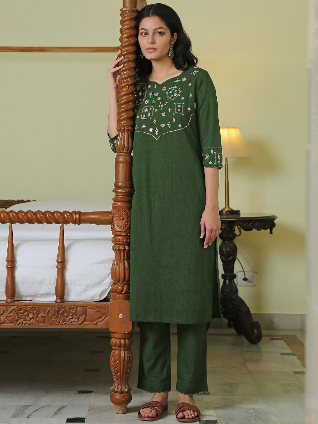 OKHAI Women Green Ethnic Motifs Embroidered Pure Cotton Kurta With Trousers