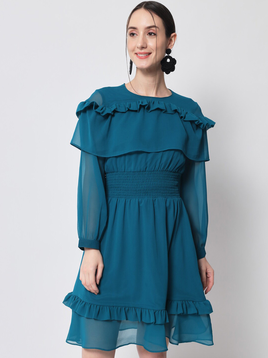 CHARMGAL Teal Smocked Puff Sleeves Fit & Flare Dress