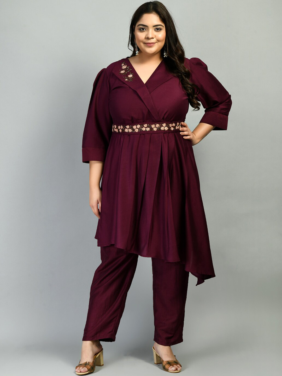 PrettyPlus by Desinoor.com Pleated Beads and Stones Kurta with Trousers