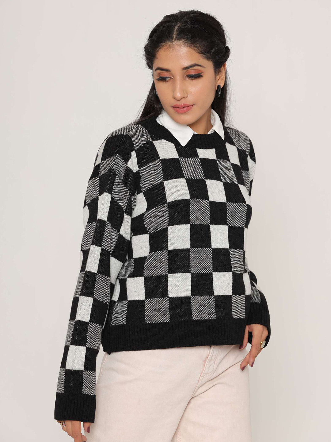KASMA Women Black & White Checked Wool Pullover