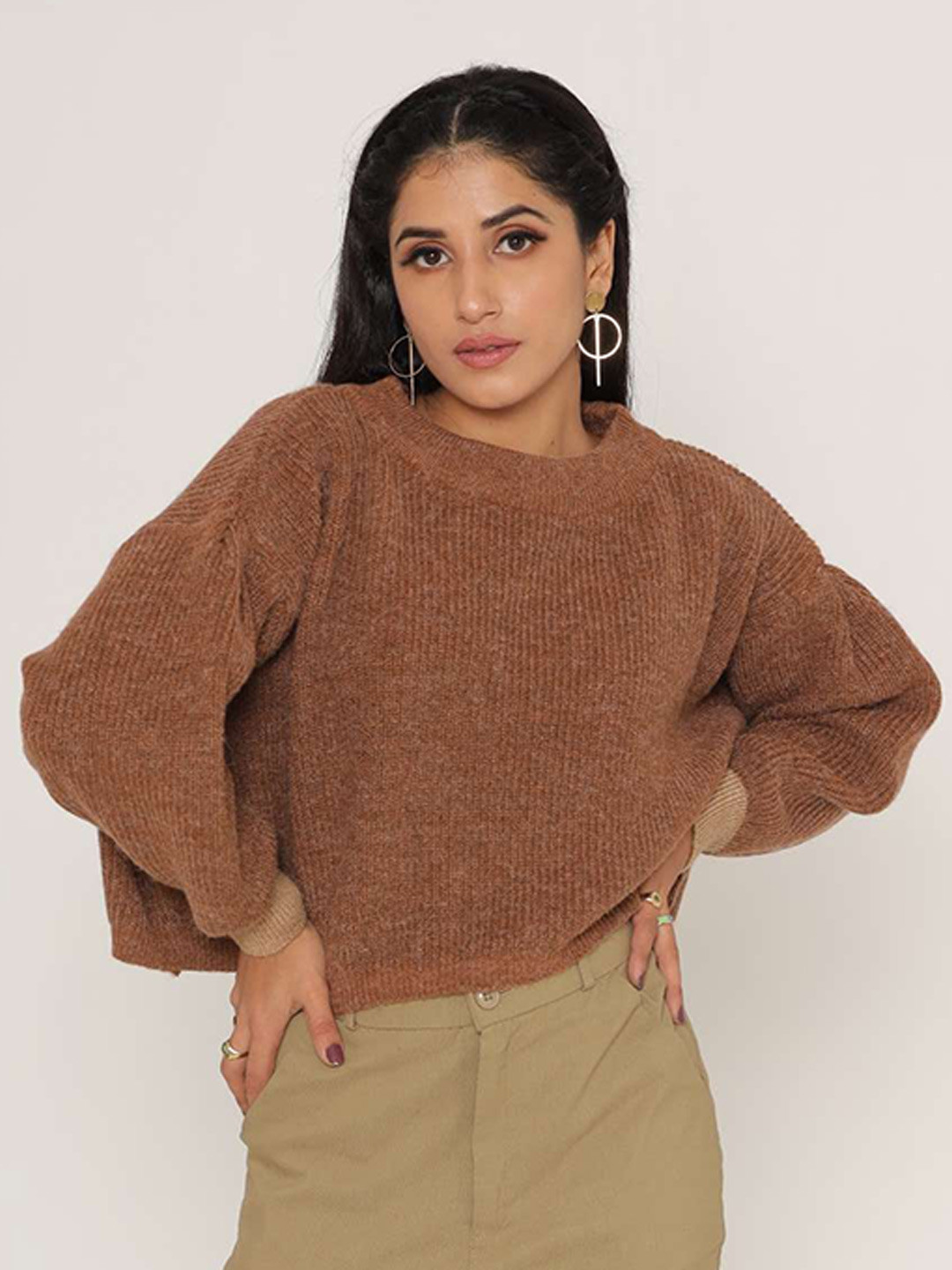 KASMA Women Brown Cable Knit Wool Pullover