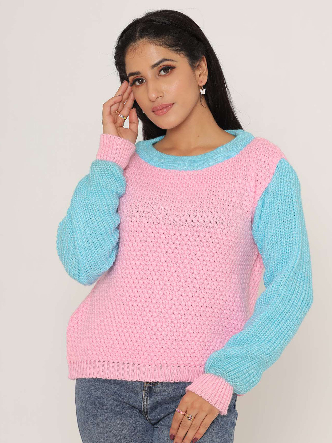 KASMA Women Pink & Blue Cable Knit Wool Pullover