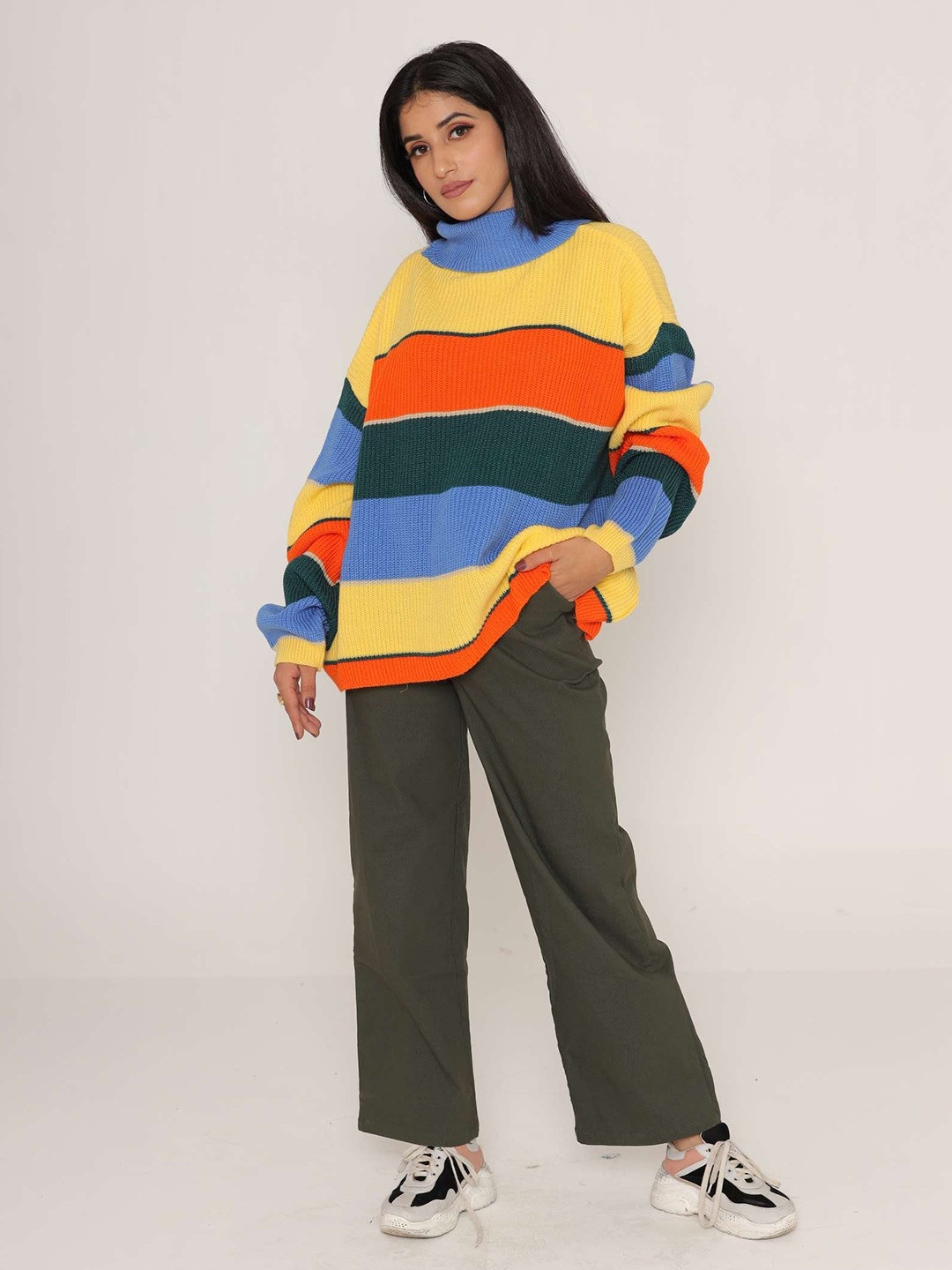 KASMA Women Yellow & Blue Colourblocked Wool Pullover