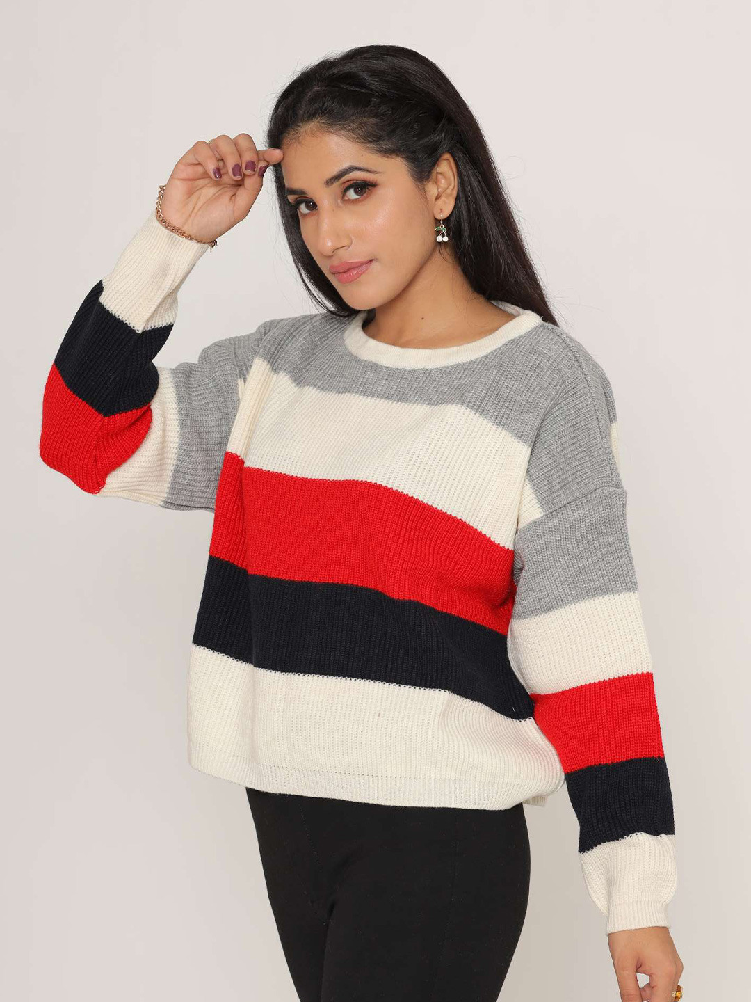 KASMA Women Red & Black Colourblocked Wool Pullover