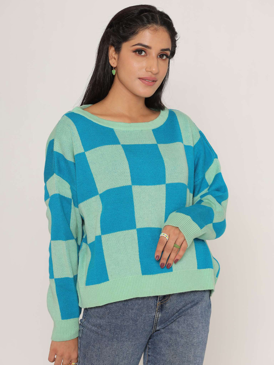 KASMA Women Sea Green & Blue Checked Wool Pullover