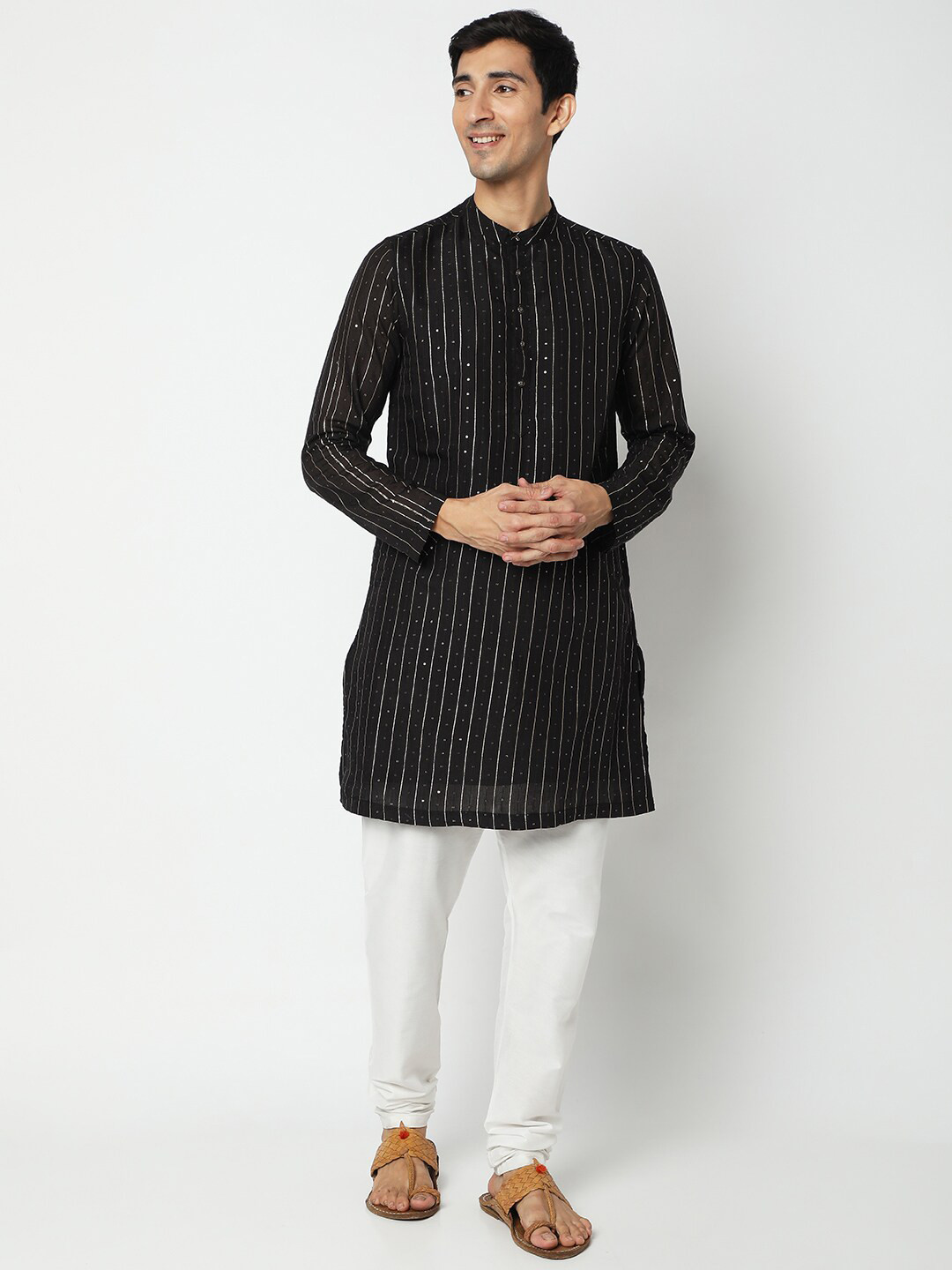 Ethnicity Men Black Striped Embellished Kurta