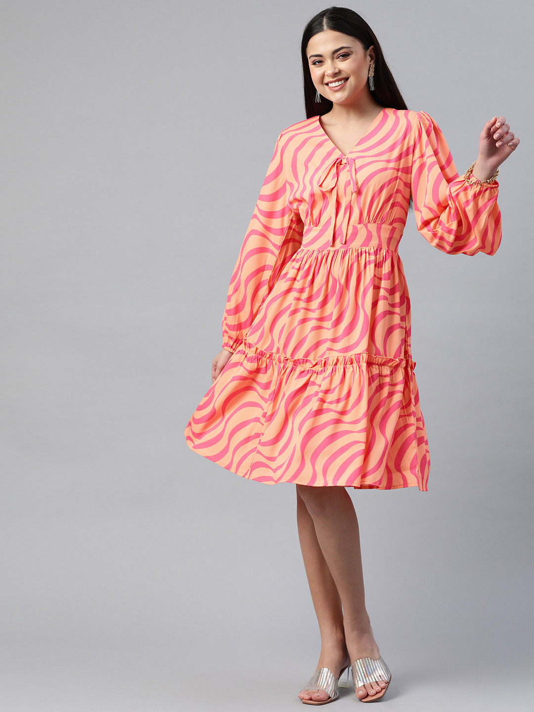 plusS Abstract Print Tie-Up Detail Tiered Dress