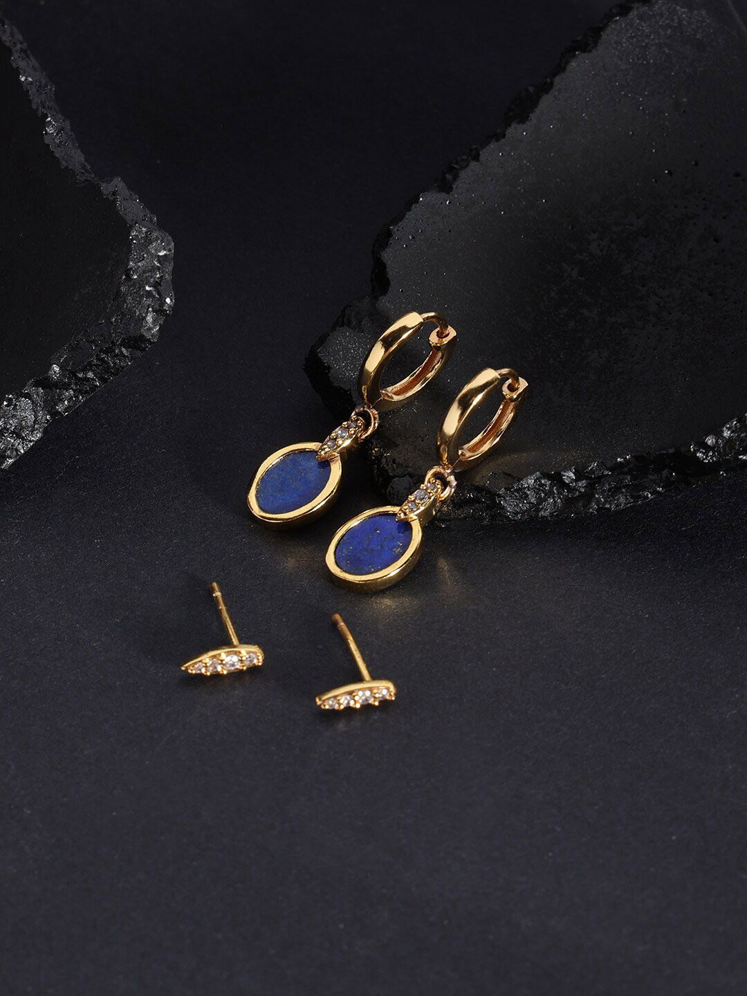 Accessorize London Women 14K Gold Plated Z 2X Hling Stone Lapis Stud & Hoop Set