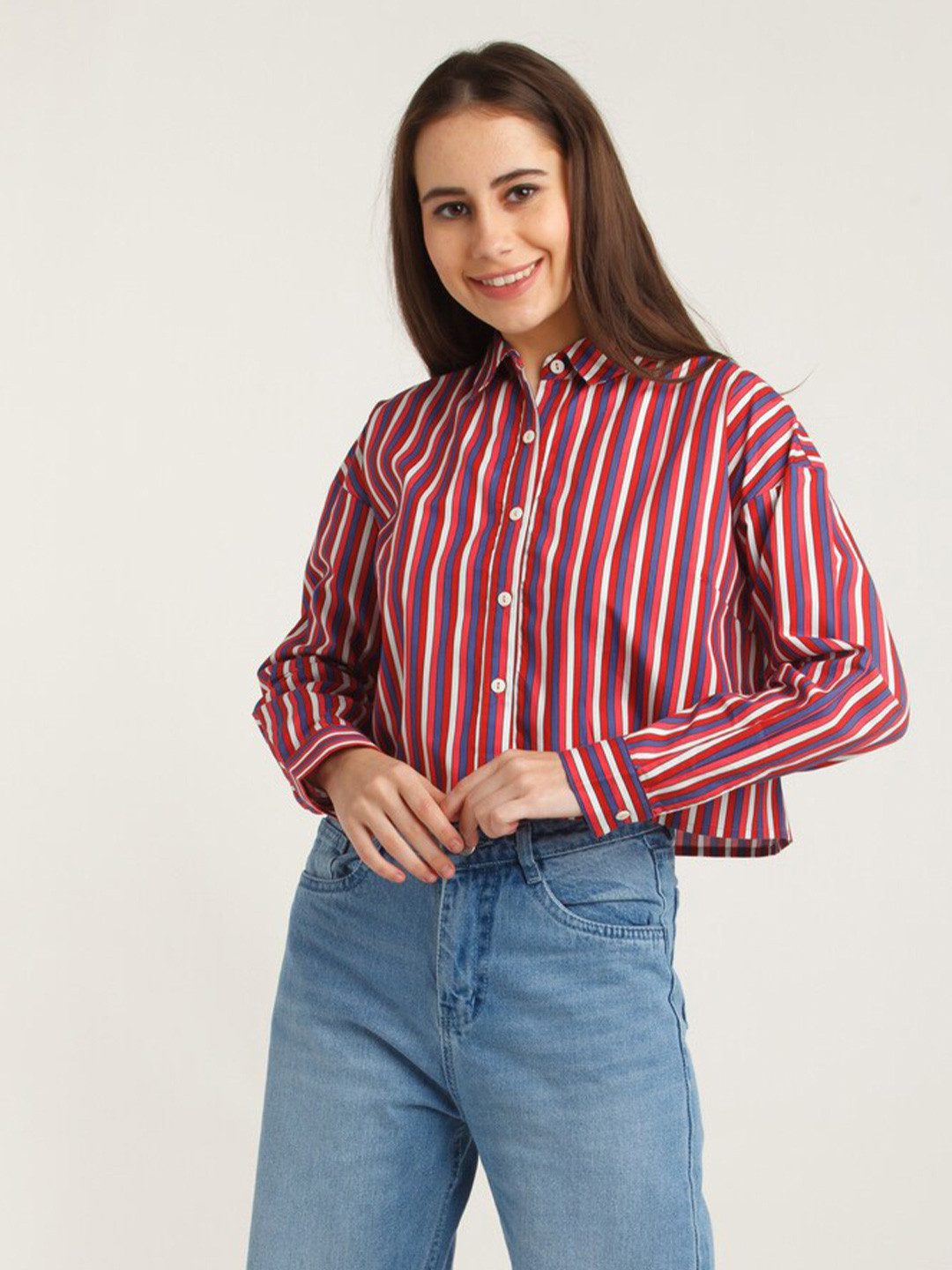 Zink London Purple Striped Shirt Style Crop Pure Cotton Top