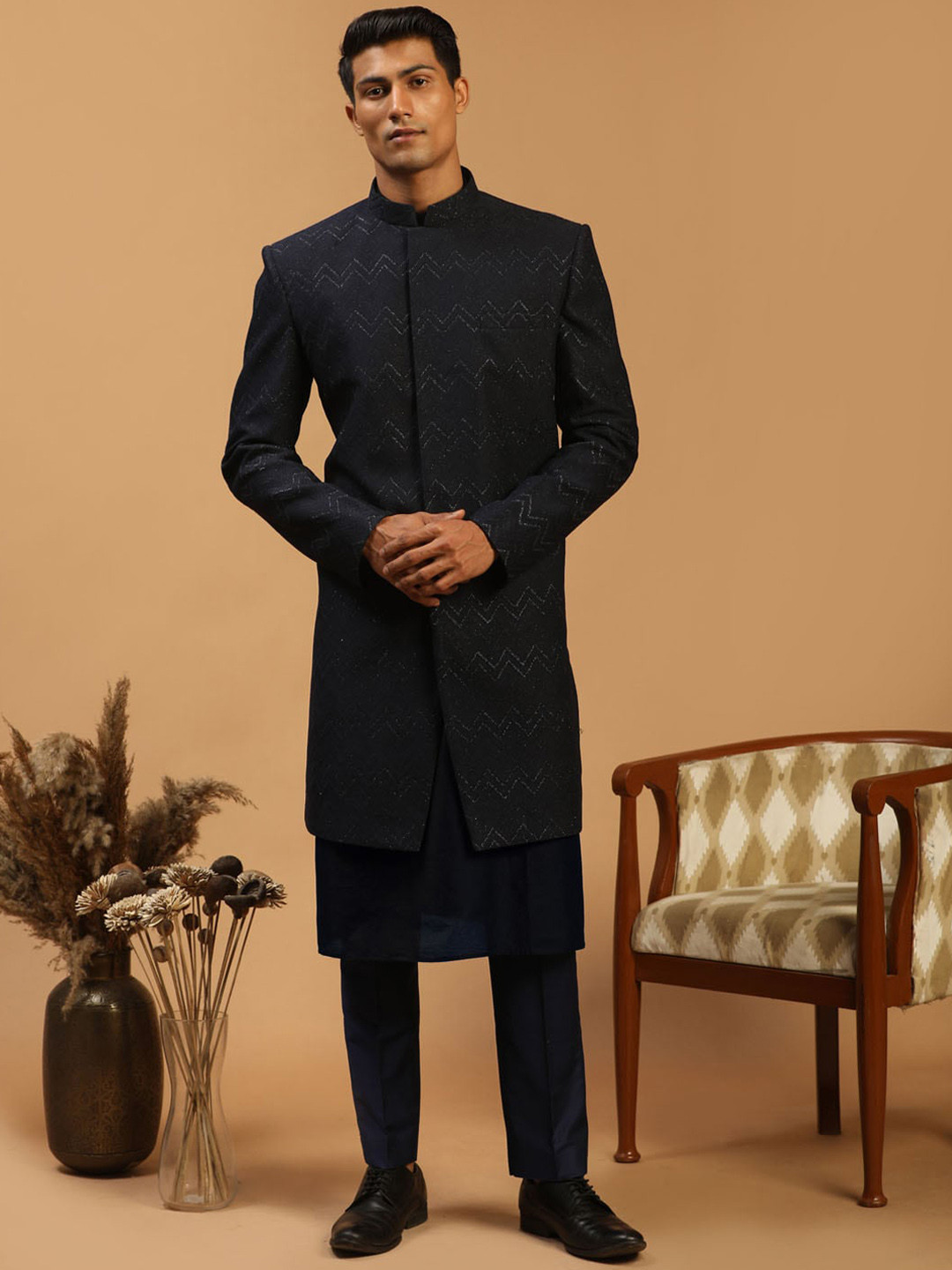 VASTRAMAY Glitter Silk Blend Slim-Fit Sherwani Over Viscose Kurta And Pant Set