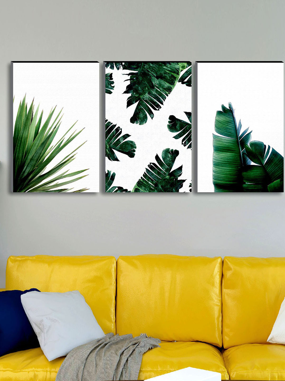 SAF Set of 3 Green & White Modern Art Large Panel UV Textured Wall Painting
