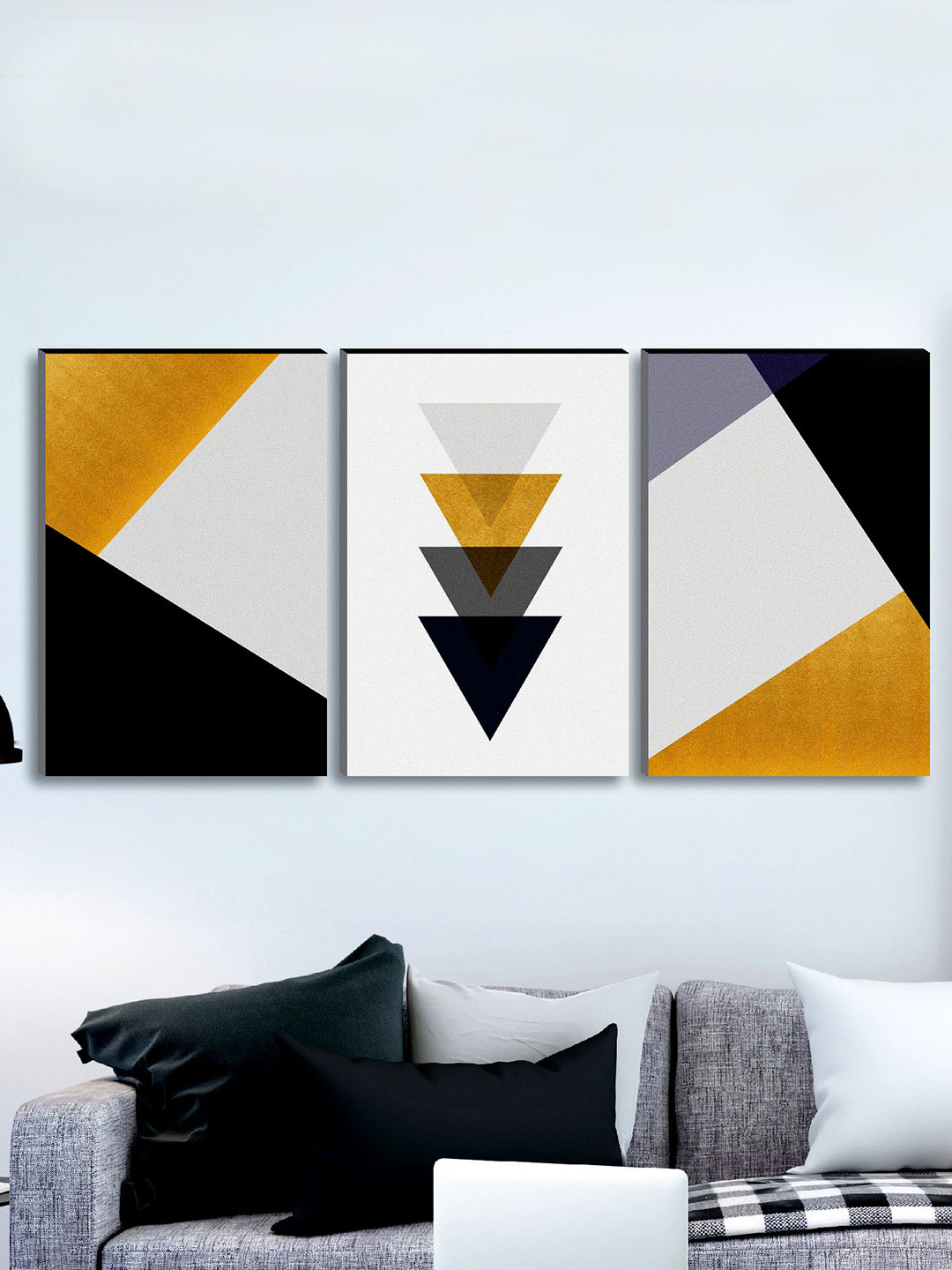 SAF Yellow & White 3 Pieces Modern Art UV Textured Wall Art