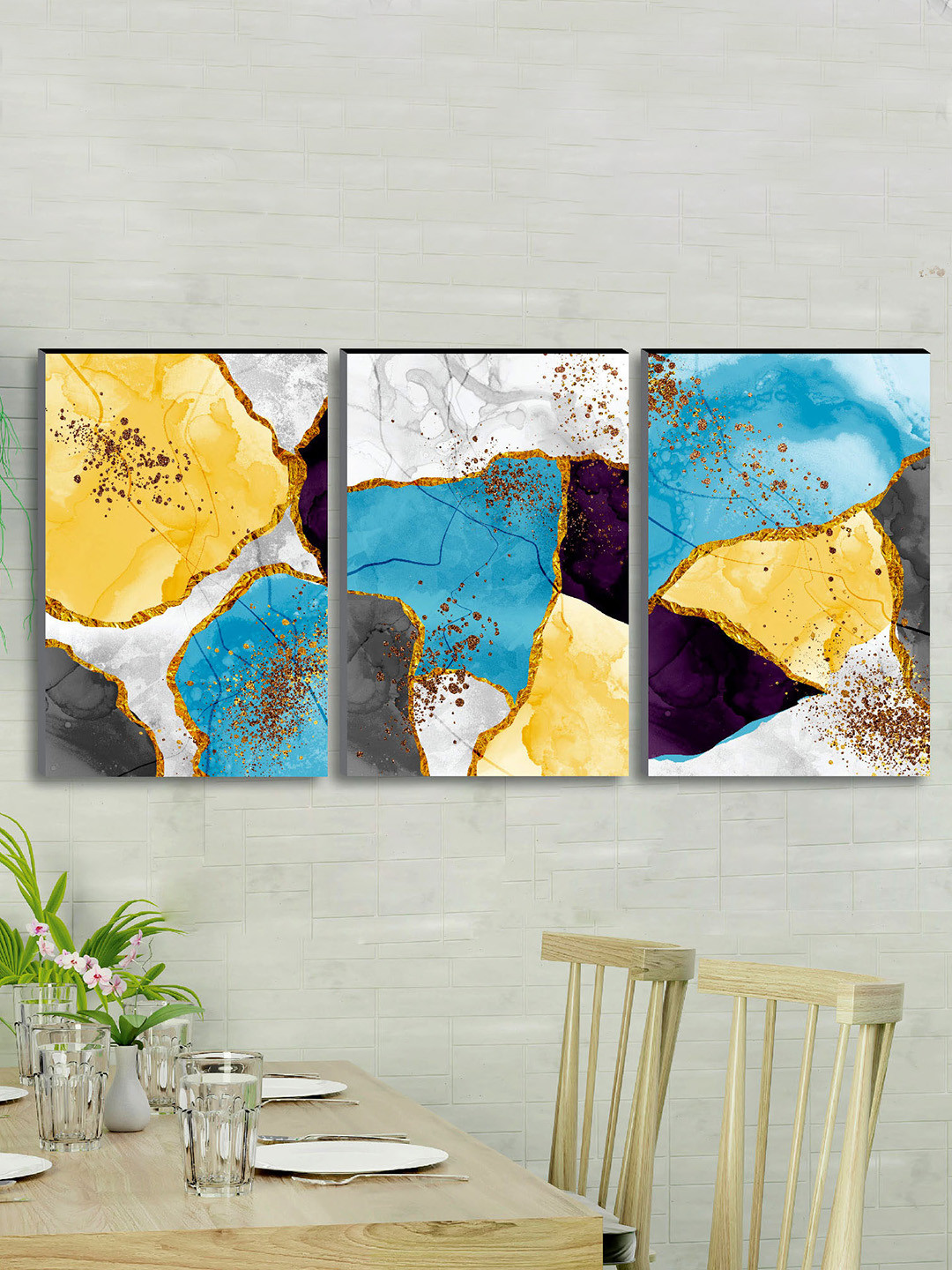 SAF Set of 3 Blue & Yellow Modern Art Large Panel UV Textured Wall Painting